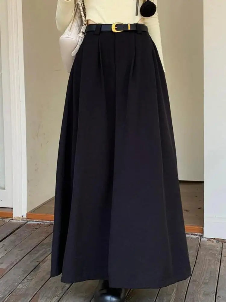 2023 Fashion Women's High Waist Pleated A-Line Skirt with Belt - Autumn Black & Grey Korean Style Chic Long Skirt for Office, Dating & Casual Wear