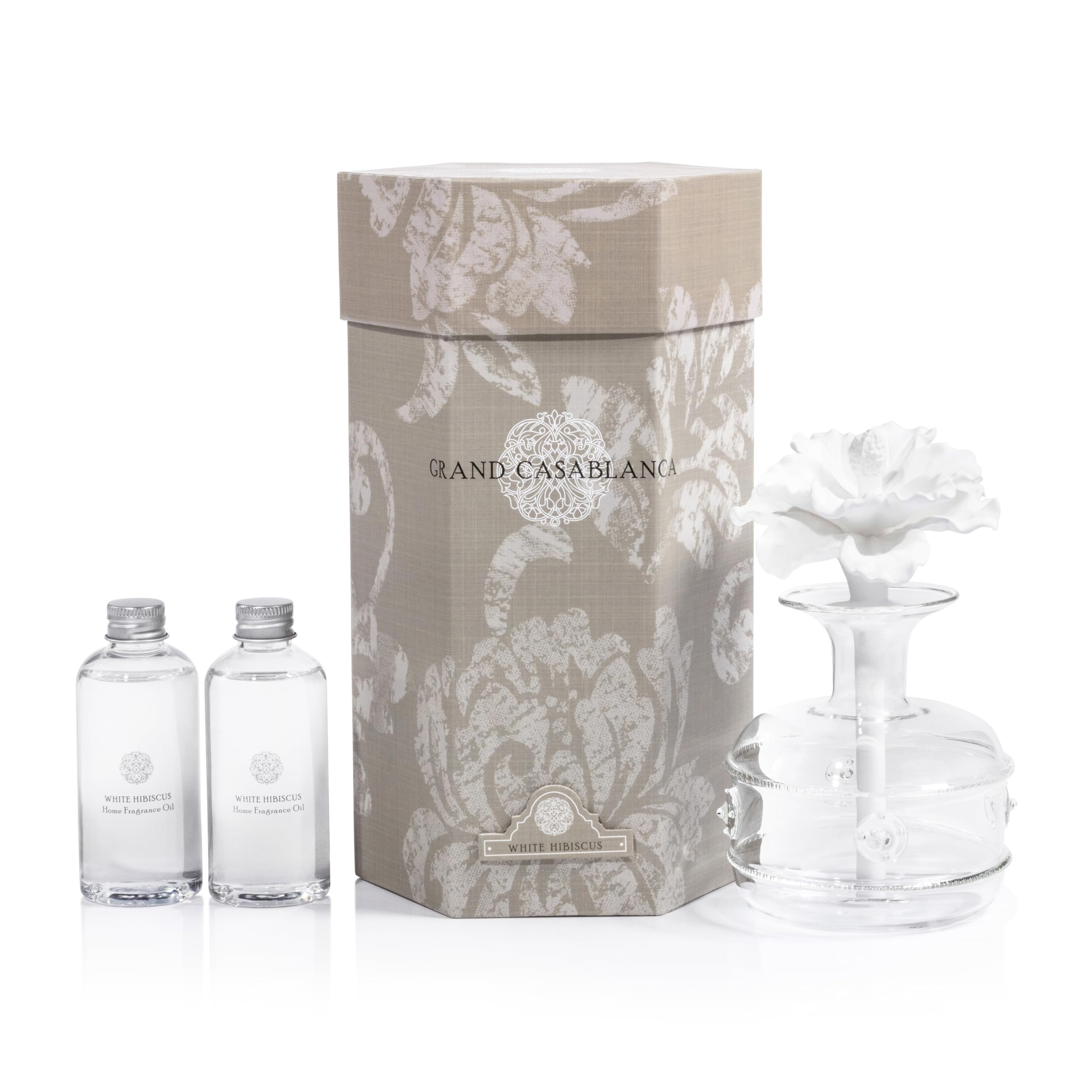Zodax Grand Casablanca Porcelain Essential Oil Diffuser - 6.76oz Aromatherapy Humidifier for Home, Office, Spa | White Hibiscus Flower Design with Gift Box | Perfect for Relaxation, Yoga & Stress Relief