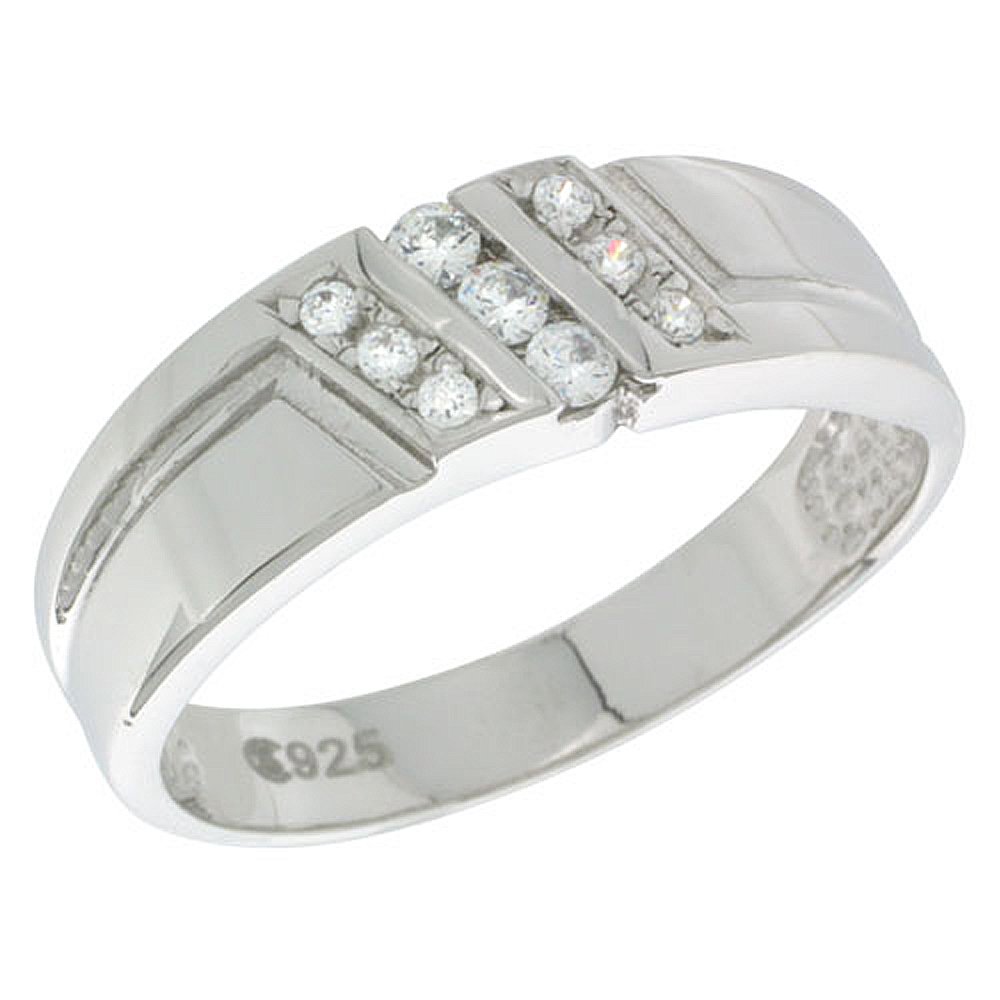 Sterling Silver Cubic Zirconia Men's Wedding Band Ring - 1/4 Inch Wide Comfort Fit for Everyday Wear & Special Occasions