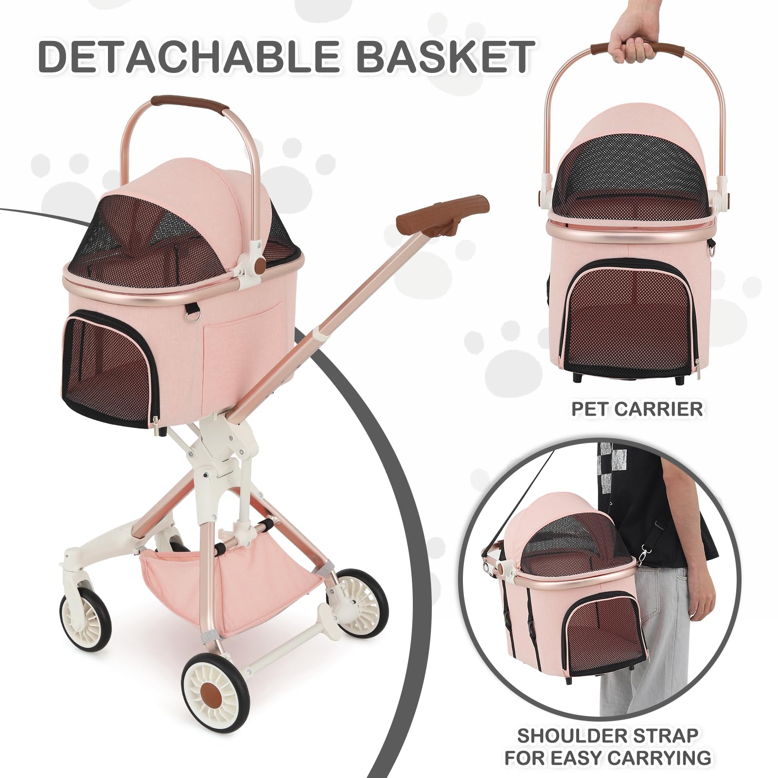 MoNiBloom 3-in-1 Pet Stroller with Adjustable Handle - Jogging Stroller for Dogs & Cats, Detachable Carrier & Lightweight Aluminum Frame - Soft Pink | Perfect for Outdoor Walks, Park Visits & Vet Trips