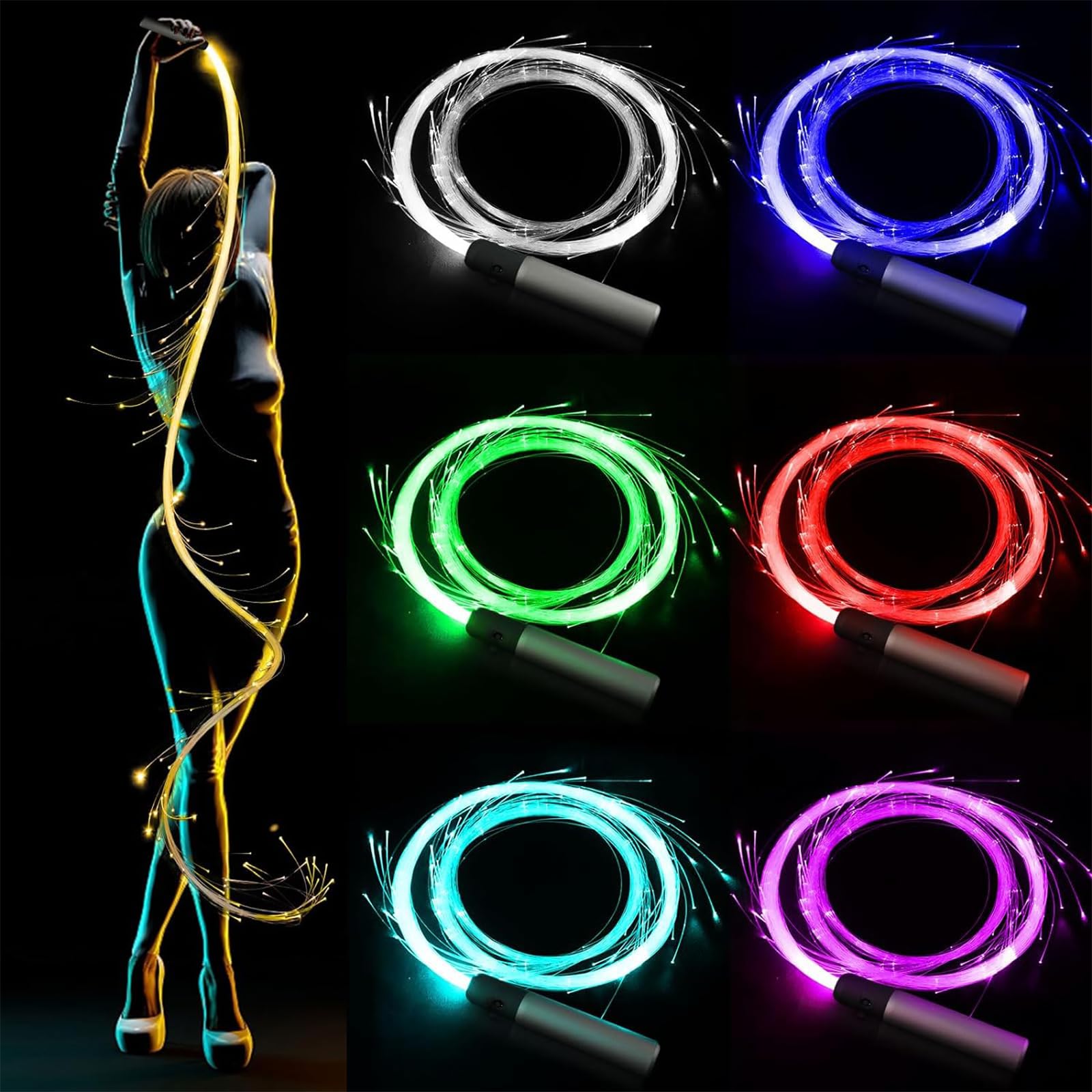 6ft LED Fiber Optic Whip - 360° Swivel Pixel Dance Whip with Bright Color Effects for Raves, Parties & Light Shows | Perfect for Nightclubs, Festivals & EDM Concerts