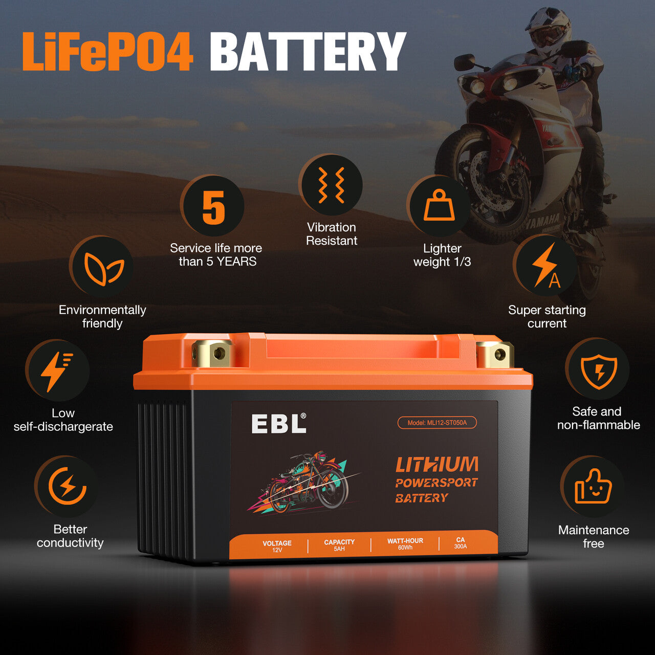EBL YTZ12S BS/YTZ14S BS 12V 5Ah Lithium Motorcycle Battery - High Performance Replacement Battery for Honda, Yamaha, Kawasaki & Suzuki Motorcycles - Perfect for Street Bikes, Scooters & ATVs