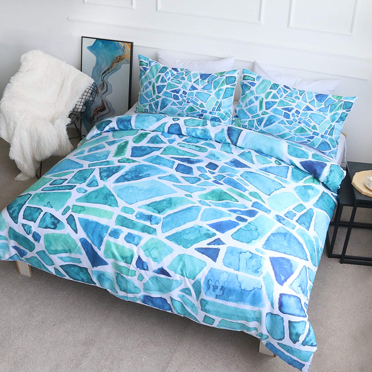 BlessLiving Mosaic Duvet Cover 3-Piece Set - Coastal Blue & Green Watercolor Marble Print Comforter Cover with 2 Pillow Shams (Queen Size) | Luxury Bedding for Beach House, Guest Room & Master Bedroom Decor