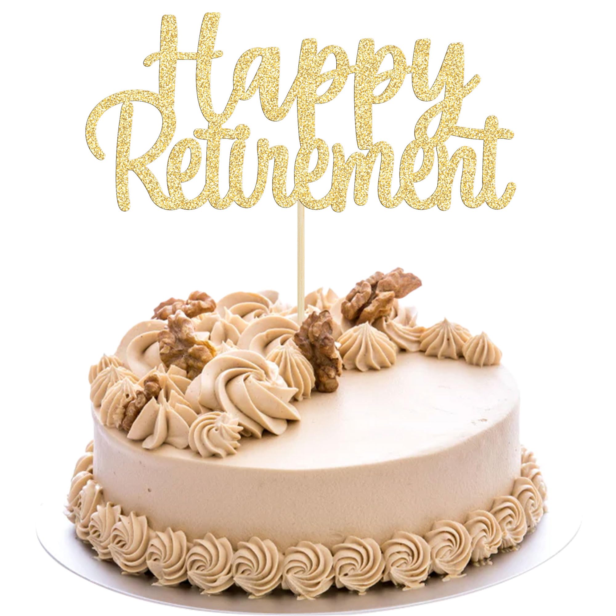 Gold Glitter Happy Retirement Cake Topper - 1 Pack Cake Decoration Picks for Retirement Party, Farewell Celebration & Retirement Cake Decorating Supplies | Perfect for Retirement Cakes, Cupcakes & Dessert Displays