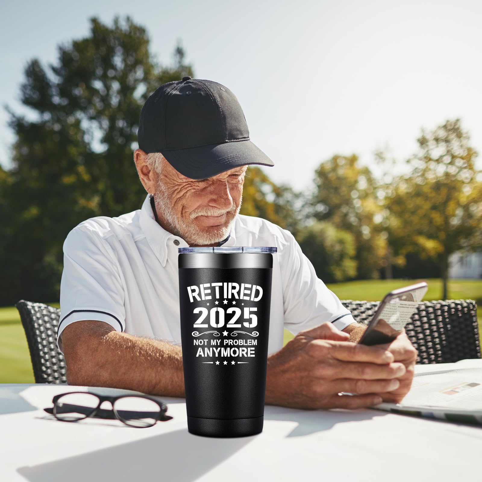 2025 Funny Retirement Gifts for Men - 20oz Insulated Tumbler with 'Not My Problem Anymore' Design - Perfect for Dad, Coworkers, Teachers & Doctors - Great for Office, Home & Travel Use