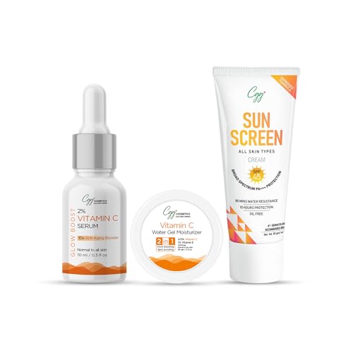 CGG Cosmetics Hyperpigmentation Treatment Set - 2% Vitamin C Serum (10ml), Vitamin C Water Gel Moisturizer (100g), SPF 45 Sunscreen Cream (50g) for Face & Body | Brightening Skincare Routine for All Skin Types | UVA/UVB Protection for Men & Women | Perfect for Daily Sun Protection & Evening Skin Repair