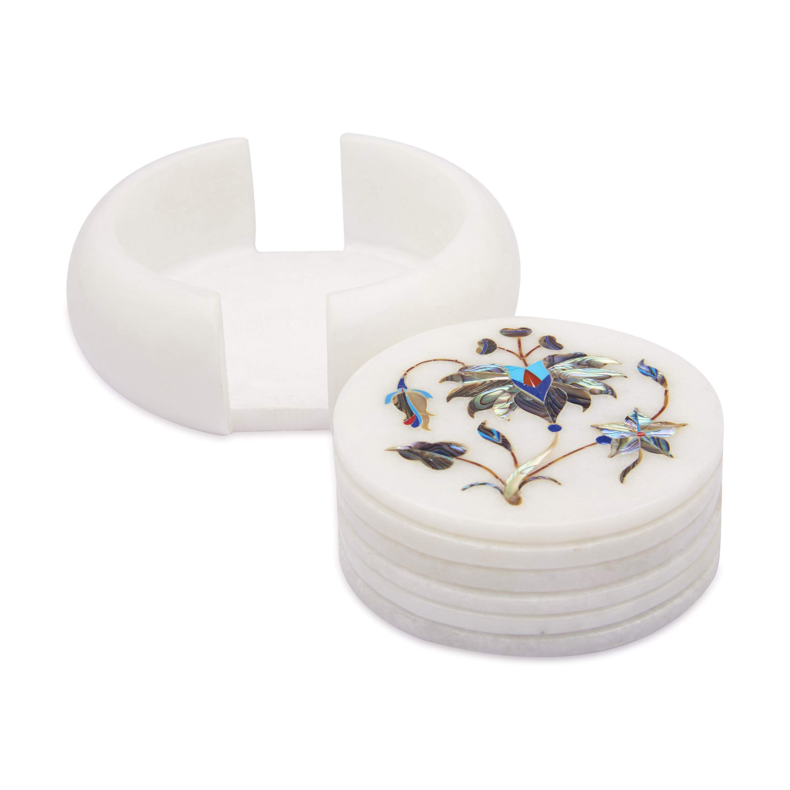 Natural White Makrana Marble Coasters Set of 6 with Holder - Shiny Abalone Shell Inlaid Drink Coasters, 4 Inch Tile for Coffee Table Decor - Perfect for Home, Office, and Gift Giving