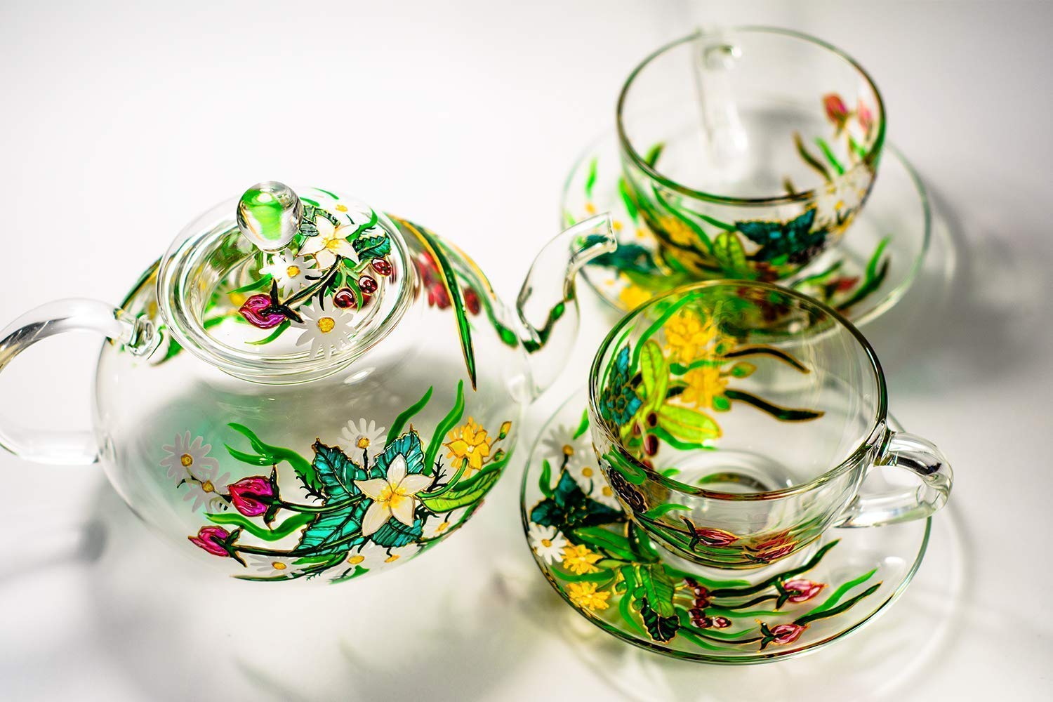 Personalized Glass Teapot Set with Removable Infuser & Cups - Hand-Painted Floral Design - Custom Gift for Mother's Day, Birthday & Tea Lovers - Perfect for Afternoon Tea, Home Decor & Special Occasions