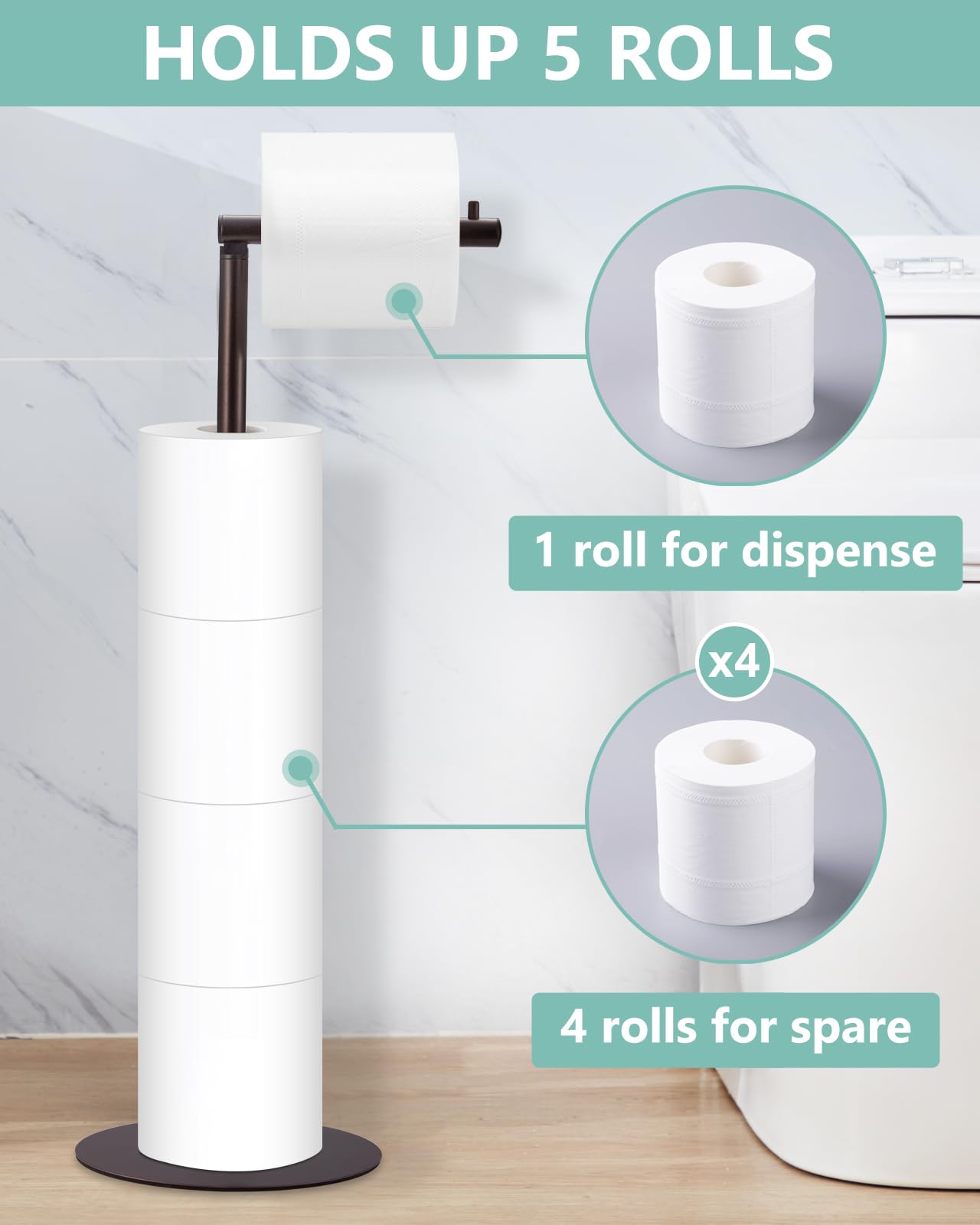 Free Standing Toilet Paper Holder Stand with 4-Roll Reserve - Modern Bathroom Tissue Roll Dispenser in Oil Rubbed Bronze by Housen Solutions - Perfect for Home, Office, and RV Bathroom Organization