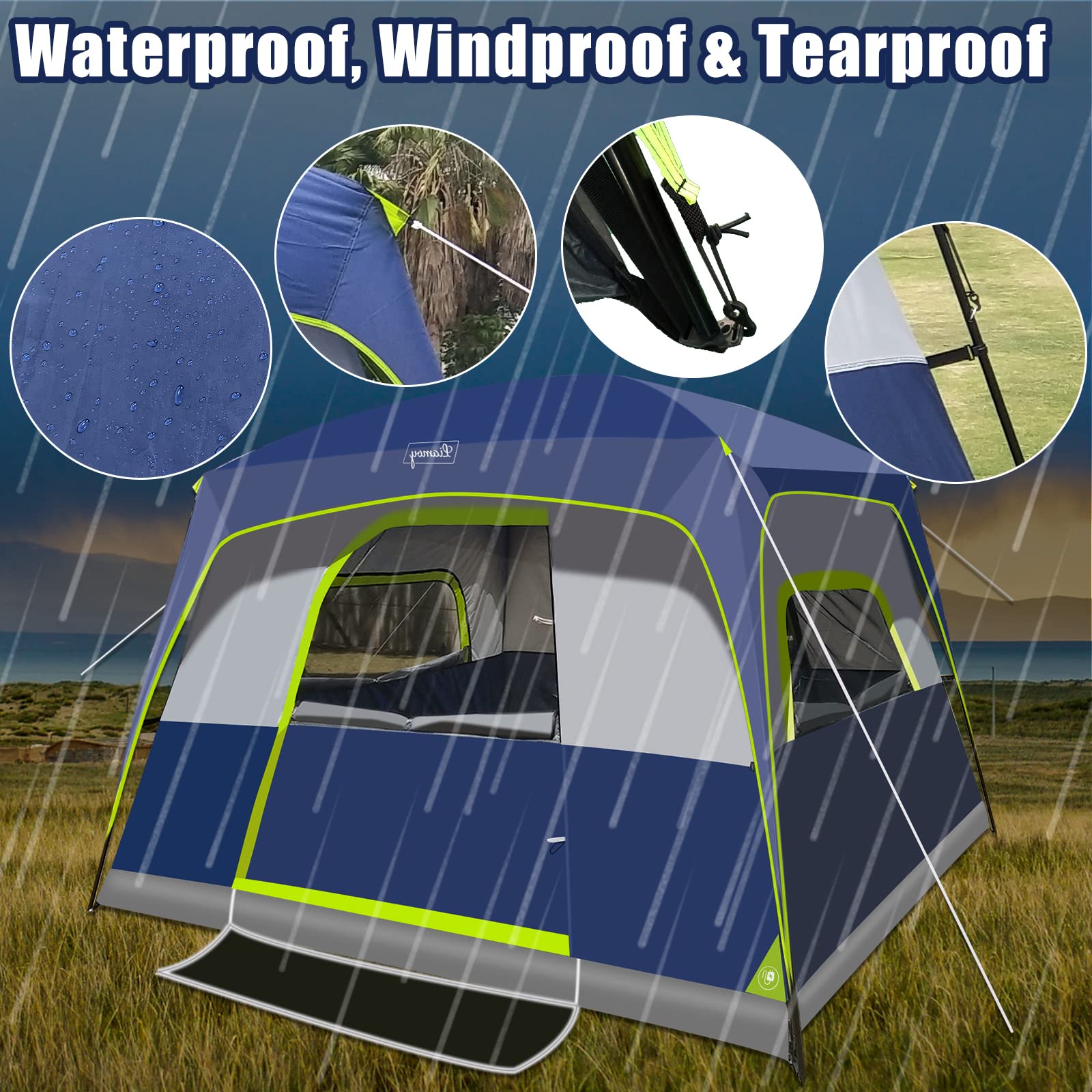 6-Person Instant Cabin Tent for Camping - Windproof & Waterproof Family Tent with Rainfly, 60-Second Easy Setup, 4 Mesh Windows & 2 Doors - Perfect for Backpacking, Hiking & Outdoor Adventures (10'x9'x78