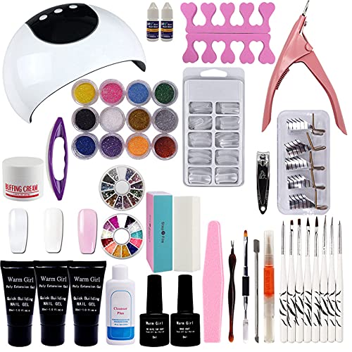 36W LED Nail Gel Kit with 12 Glitter Colors & Rhinestones - Full Poly Acrylic Powder, Builder Gel for Nail Extensions & Art - Perfect for Home Manicures, Salon Use & DIY Nail Designs