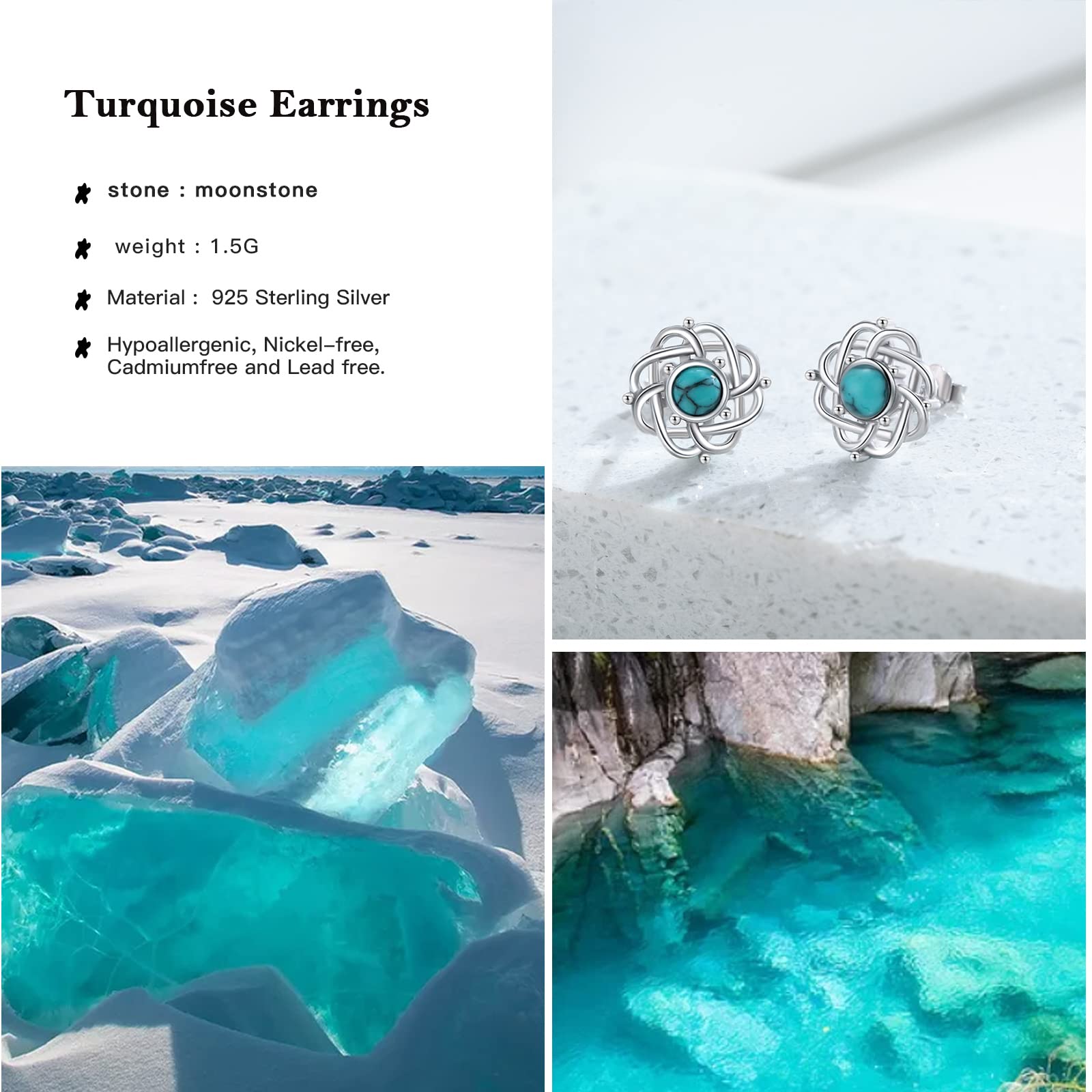 925 Sterling Silver Turquoise & Moonstone Celtic Knot Bohemian Stud Earrings for Women | Hypoallergenic Jewelry for Sensitive Ears | Perfect for Boho Fashion, Gift Giving & Everyday Wear