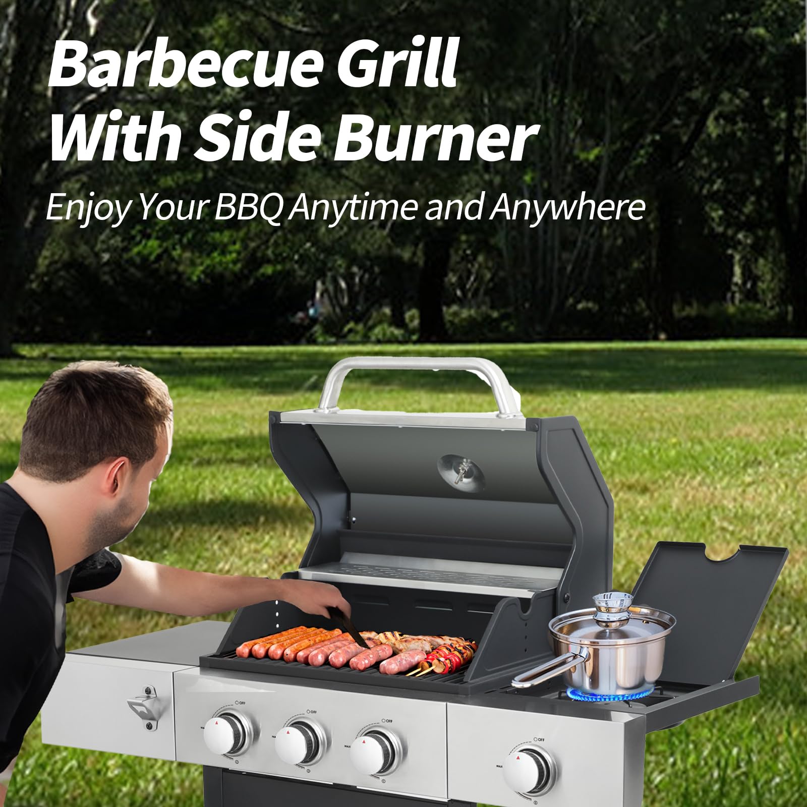 3-Burner Stainless Steel Propane Gas Grill with Side Burner & Thermometer - 37,230 BTU Outdoor BBQ Grill for Backyard, Patio, Camping & Picnics | Perfect for Grilling Burgers, Steaks & Vegetables