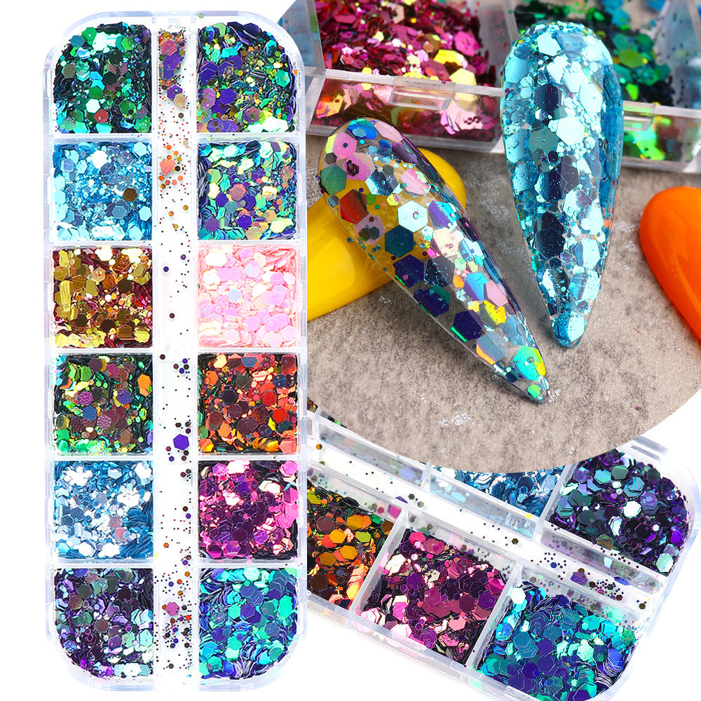 Chameleon Sequins Nail Art Tray - 12 Colors Mix for DIY Nail Designs | Perfect for Professional Salons, Home Manicures & Nail Art Enthusiasts