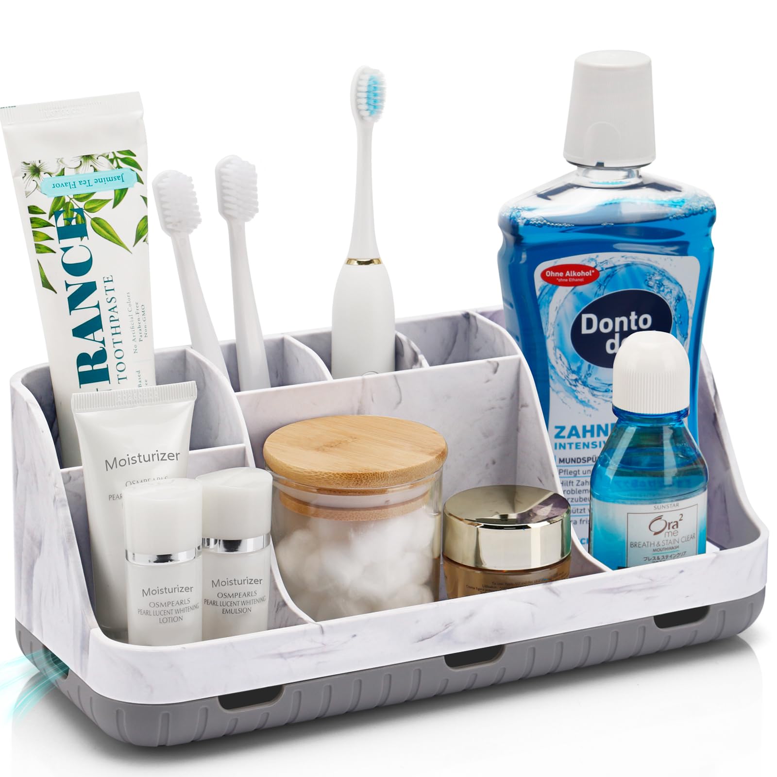 Marble Bathroom Countertop Organizer - Detachable 7-Slot Electric Toothbrush & Toothpaste Holder with Drainage | Bathroom Vanity Storage for Kids & Adults | Perfect for Countertop Organization in Modern Bathrooms (Grey)