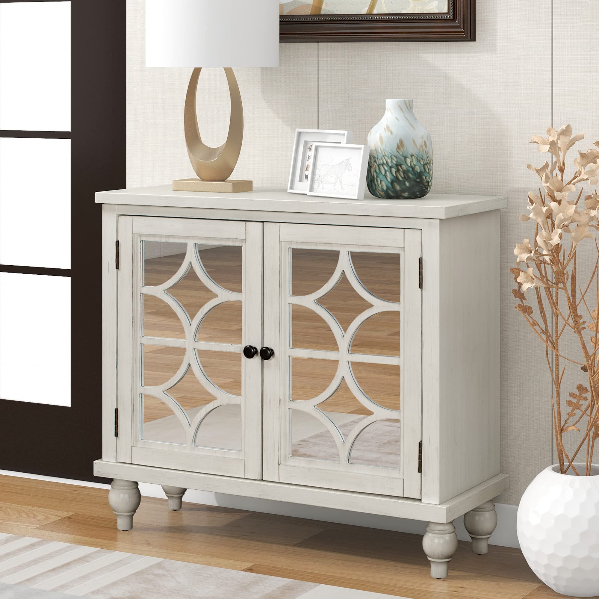Antique White 35 Inch Wooden Storage Cabinet with Doors & Adjustable Shelf - Freestanding Sideboard for Entryway, Kitchen, Dining Room | Perfect for Organizing Dishes, Linens & Home Decor