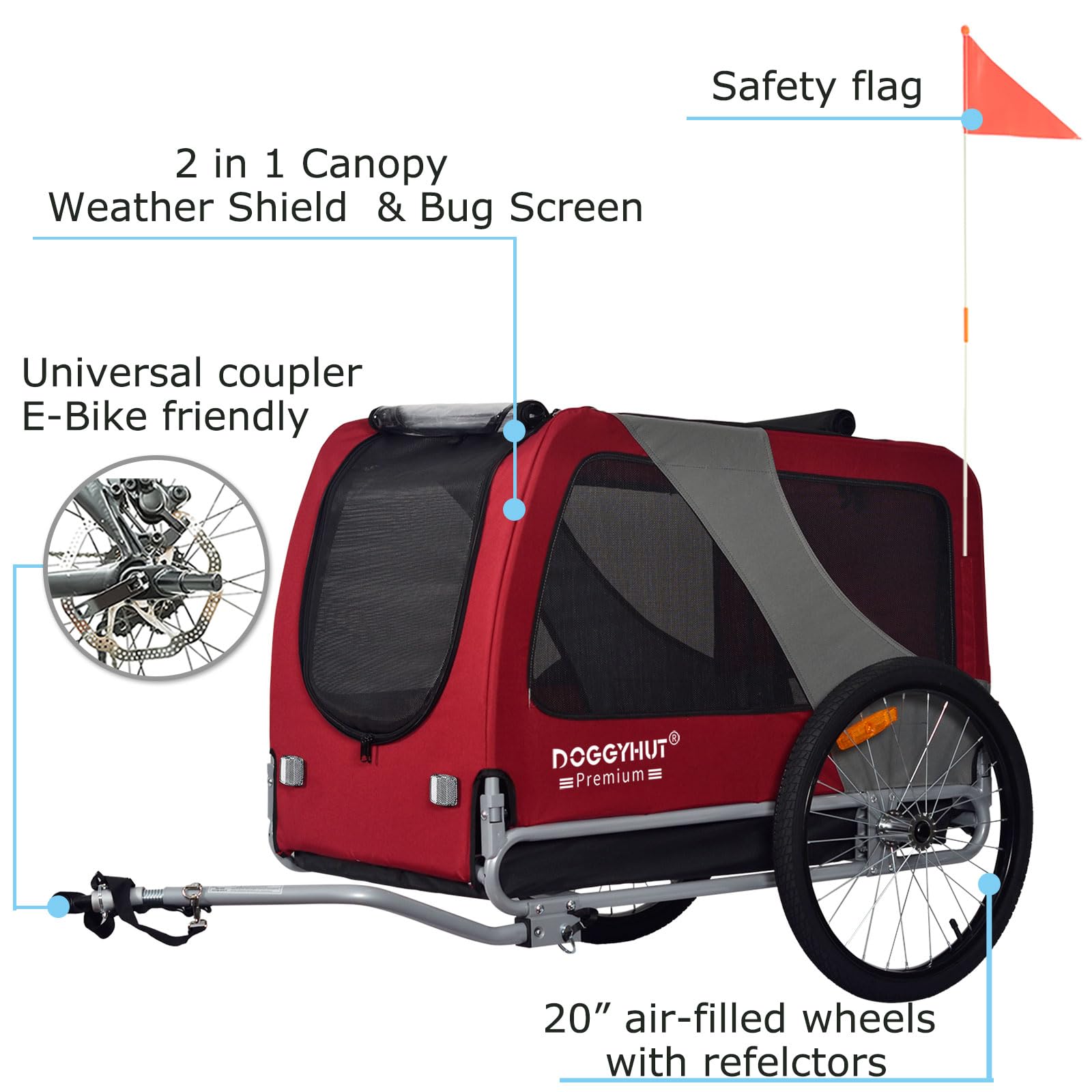 DOGGYHUT® XL Dog Bike Trailer for Large Dogs - Heavy Duty 100 lbs Capacity Pet Bicycle Carrier with Foldable Frame & Low Center Gravity - Perfect for Cycling, Jogging, Outdoor Adventures with Your Dog