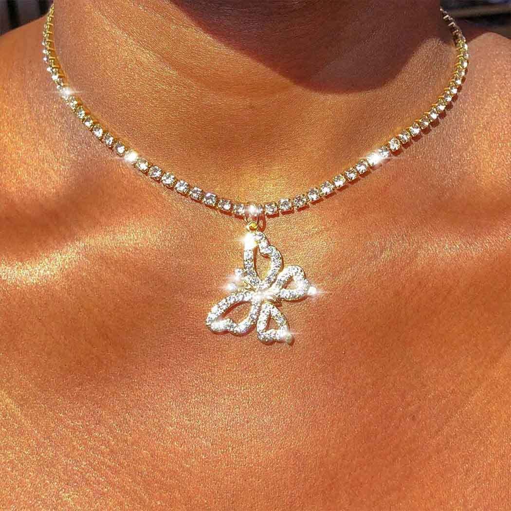 Elegant Gold Crystal Butterfly Pendant Choker Necklace - Sparkly Rhinestone Hip Hop Jewelry for Women & Girls | Perfect for Parties, Clubs, and Everyday Wear