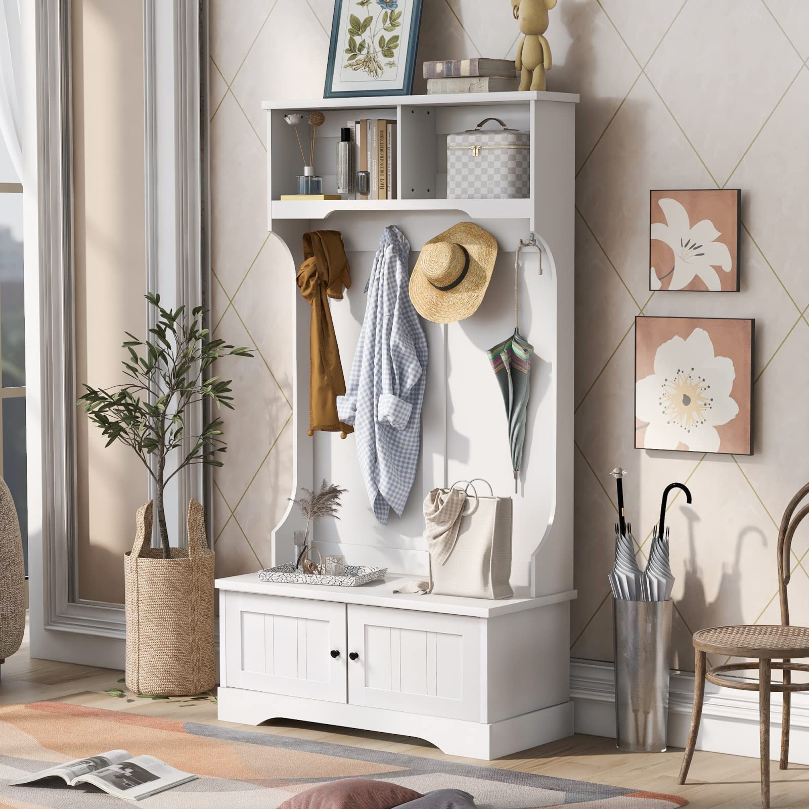 3-in-1 White Entryway Bench with Coat Rack & Shoe Storage - Hall Tree with 4 Hooks, Open Shelves & Storage Cabinet - Perfect for Hallway, Living Room & Mudroom Organization