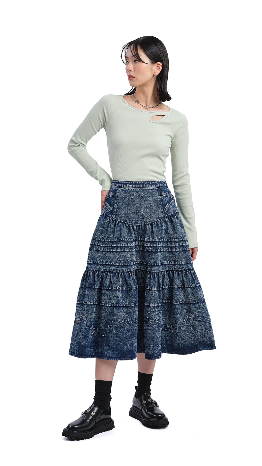 Vintage Stone Washed Studded Denim Skirt for Women - Distressed High Waist A-Line Mini Skirt with Metal Studs | Perfect for Casual Outfits, Rock Concerts & Streetwear Fashion