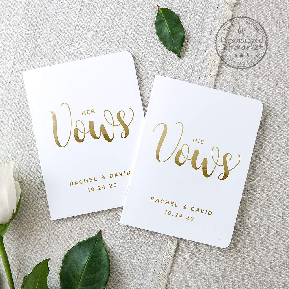 Wedding Vow Books Set of 2 - White Gold Foil Script for Bride & Groom - Perfect for Ceremonies & Vow Renewals