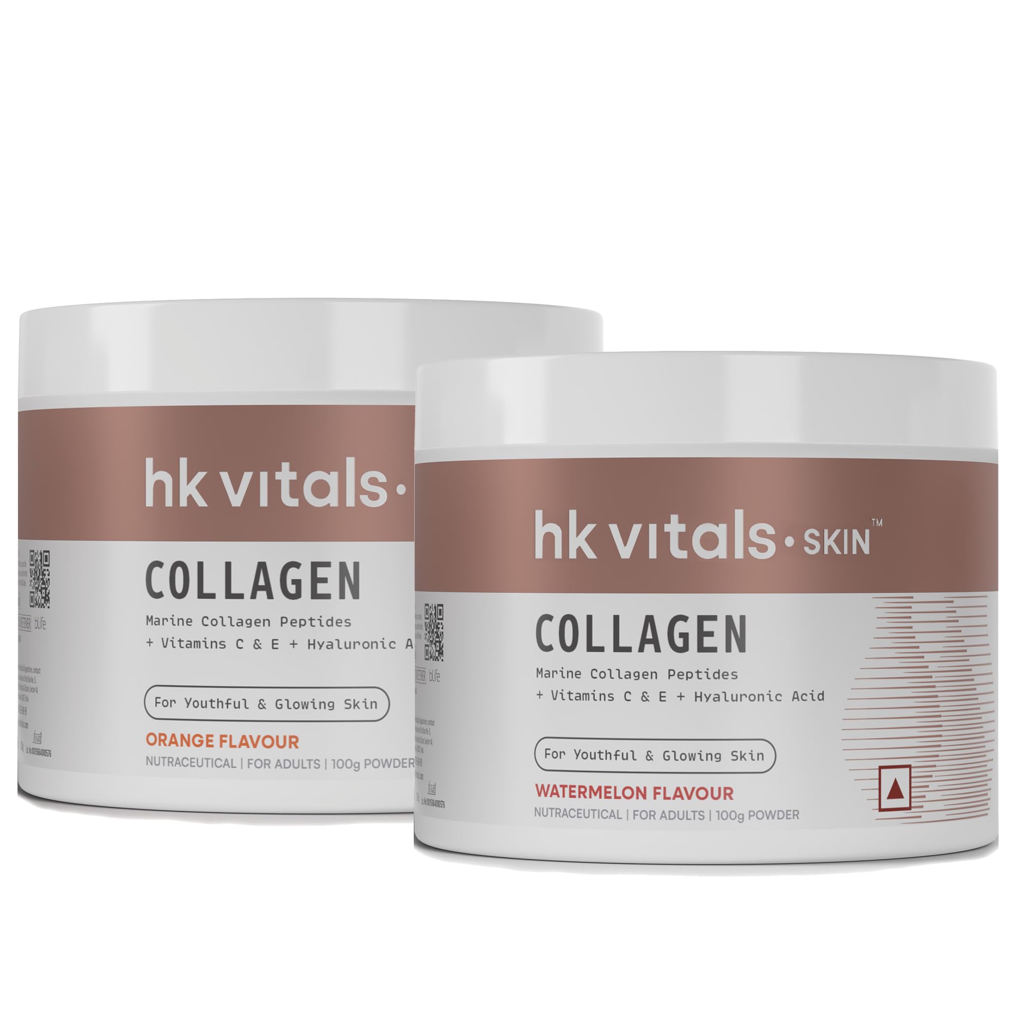 **HealthKart HK Vitals Skin Radiance Marine Collagen Powder - Orange & Watermelon Flavor (2 x 100g) | Biotin, Vitamin C & E Supplement for Healthy Hair, Skin & Nails | Supports Glow, Hydration & Anti-Aging | Perfect for Daily Wellness & Beauty Routine**