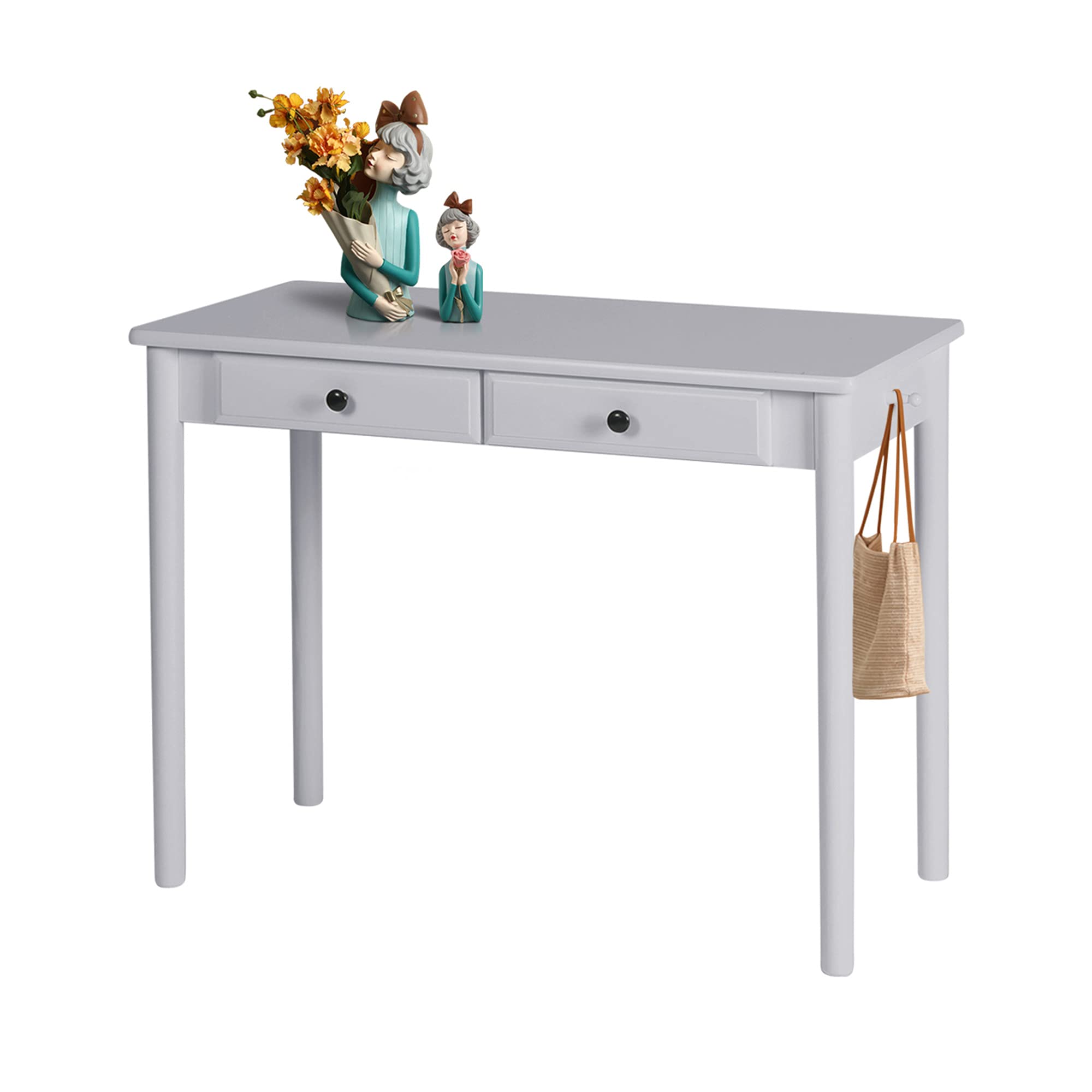 Modern Grey Home Office Desk with Drawers - 39 Inch Writing & Makeup Vanity Table for Work & Beauty