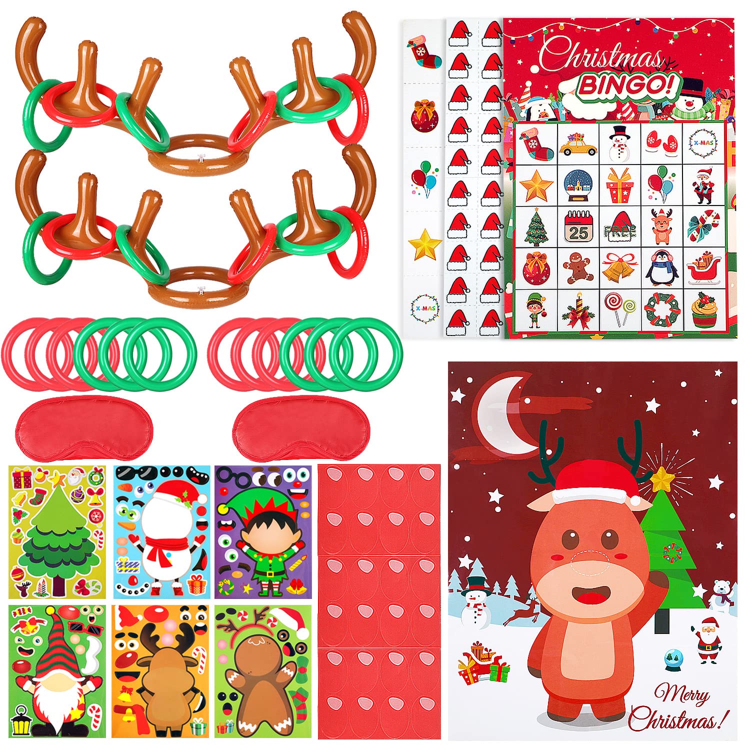 Erweicet Christmas Party Games Toys Set for Kids - DIY Sticker Games, 24-Player Bingo, Pin Game & Inflatable Ring Toss with Reindeer Antlers - Fun Holiday Party Activities for Family Gatherings & Classroom Celebrations