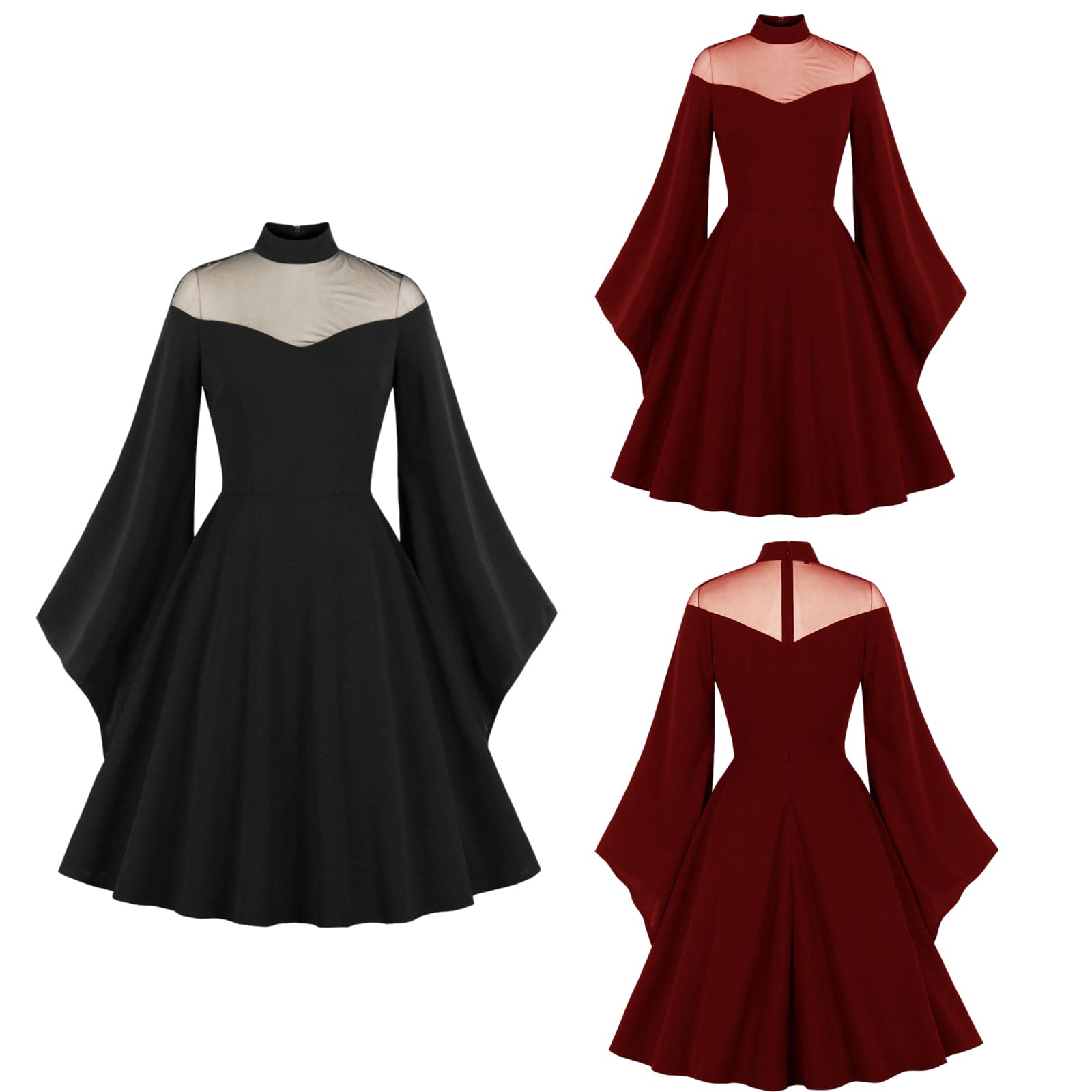Gothic Retro Black Mesh Long Sleeve Emo Dress for Halloween, Evening Ball, and Vintage Themed Parties - Elegant Lace Detailing for Women's Gothic Fashion