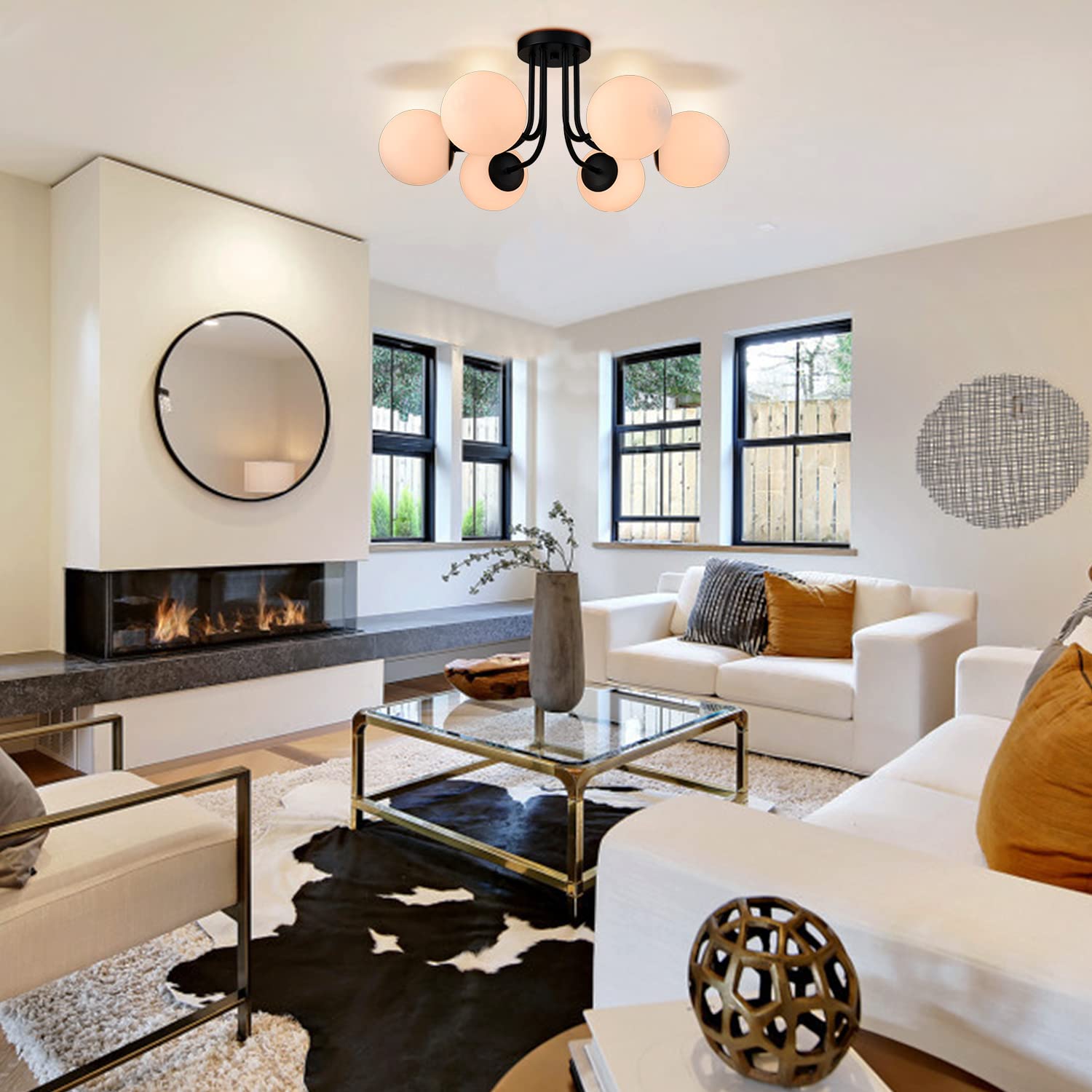 Modern 6-Light Black Metal Ceiling Light Fixture with White Glass Globe Shades - Semi Flush Mount Sputnik Chandelier for Living Room, Bedroom, Dining Room & Hallway - Perfect for Modern Home Decor & Ambient Lighting