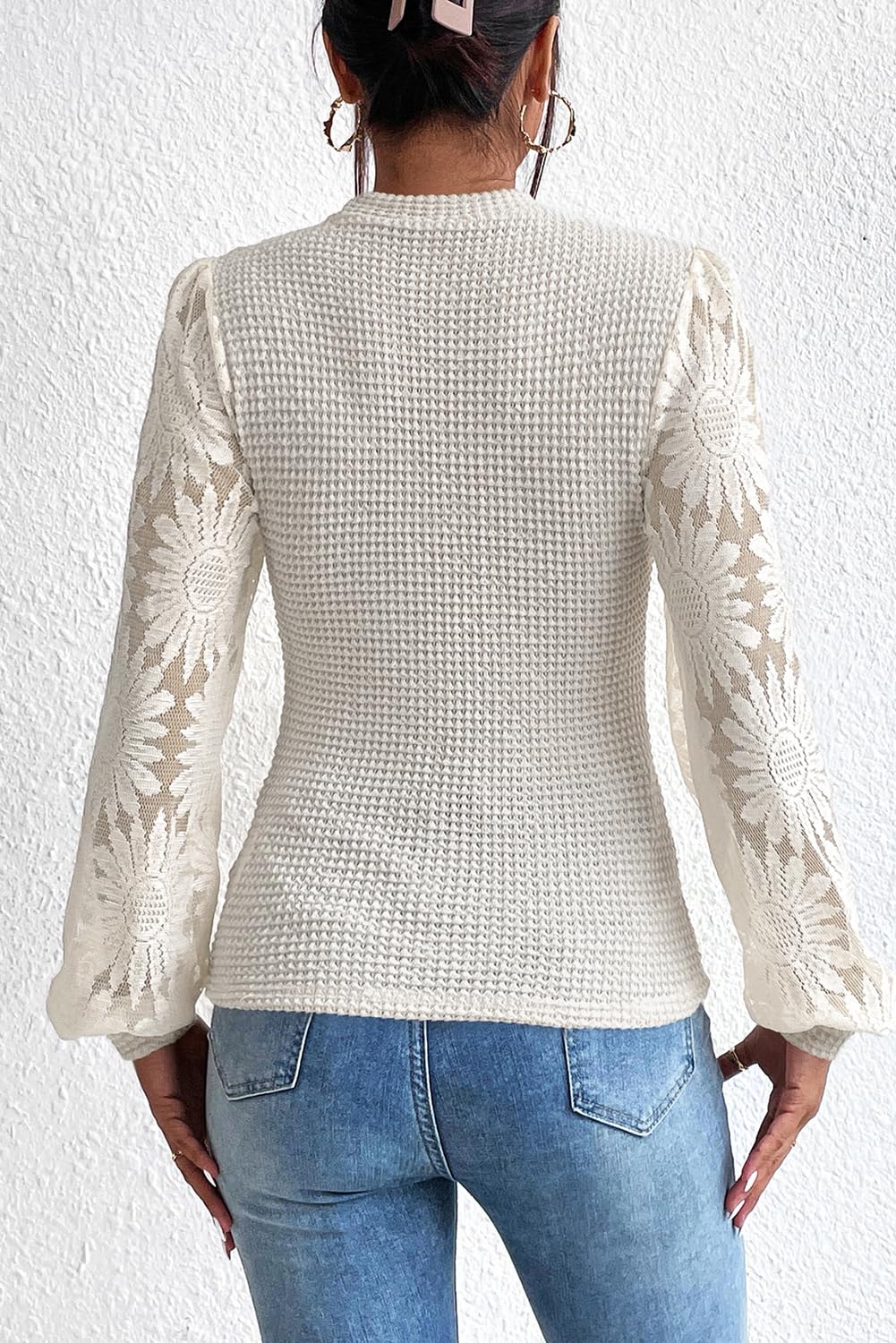 2023 Women's Fashion Beige Sunflower Mesh Bubble Sleeve Waffle Knit Pullover Sweater | Casual Chic Tops for Fall & Spring | Perfect for Date Night, Office Wear & Weekend Outfits