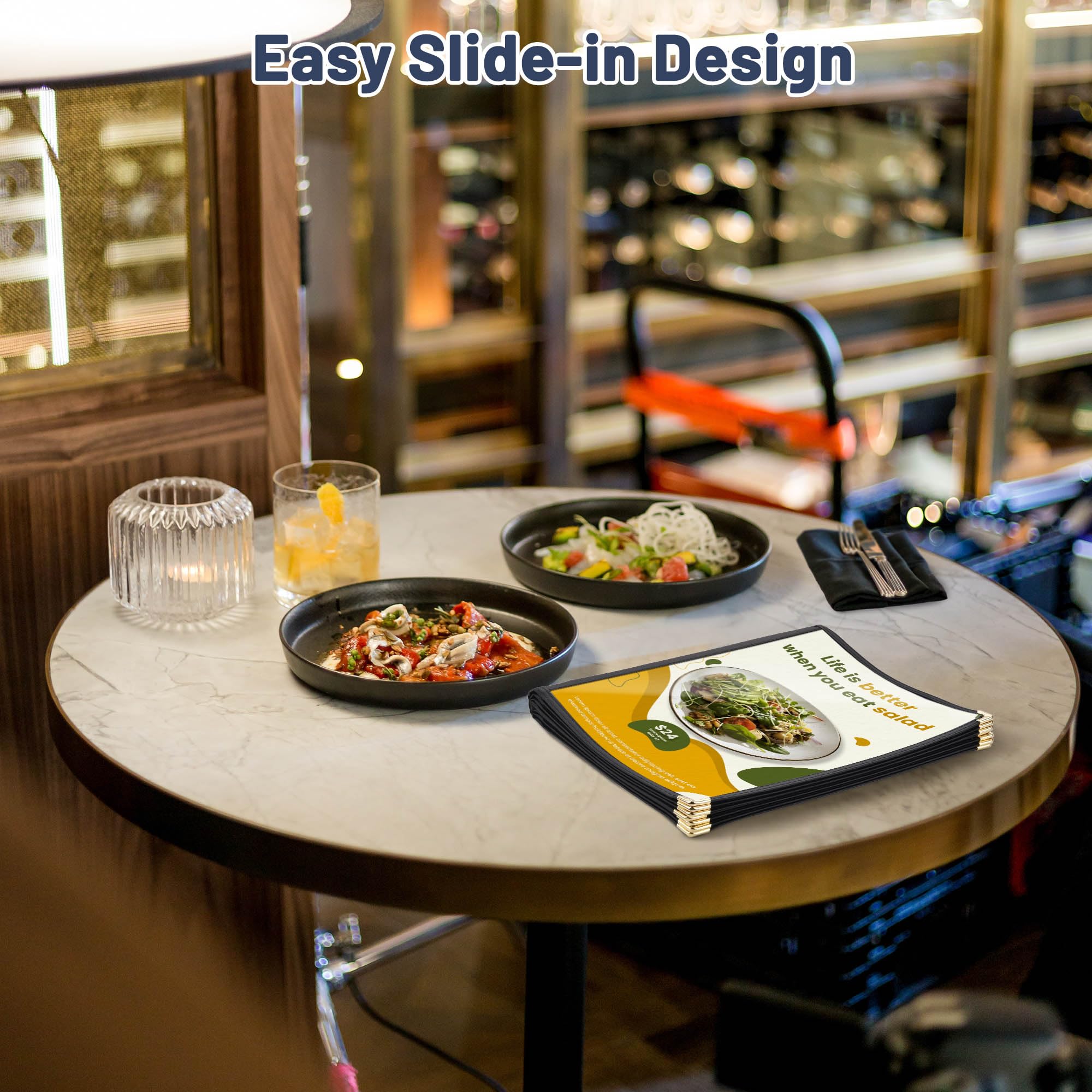 WeChef 20 Pack Black Restaurant Menu Covers - 8.5 x 11 Inch Book Style with 7 Pages (14 Views) - Clear Plastic Menu Holders for Restaurants, Cafes & Bars - Durable Menu Protectors for Daily Use in Food Service Businesses