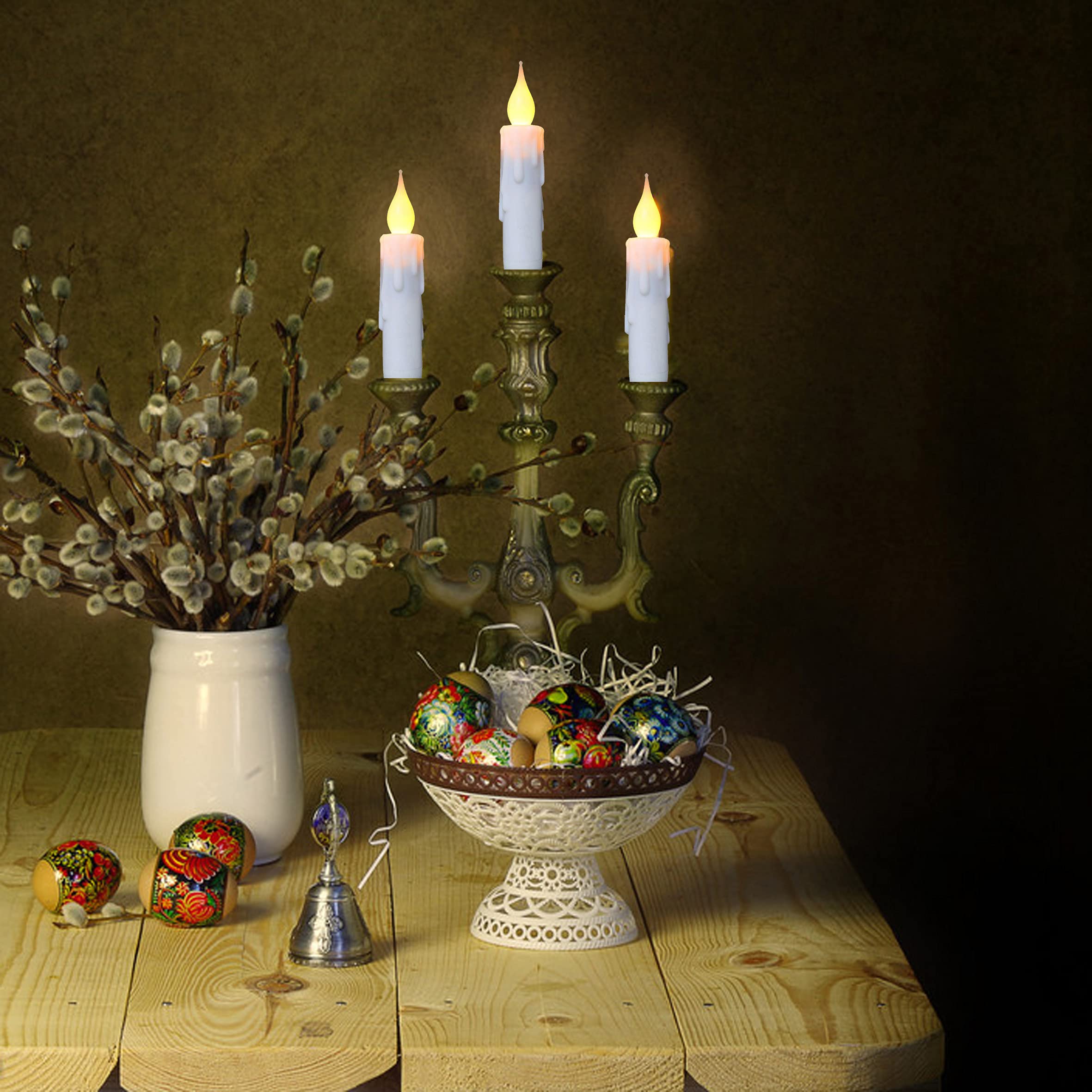 Battery Operated Flameless Taper Candles - 4.75 Inch White Short Candles with Realistic Flickering Flame & Timer - Safe LED Candlesticks for Fireplace, Christmas, Halloween, Wedding, and Home Decor