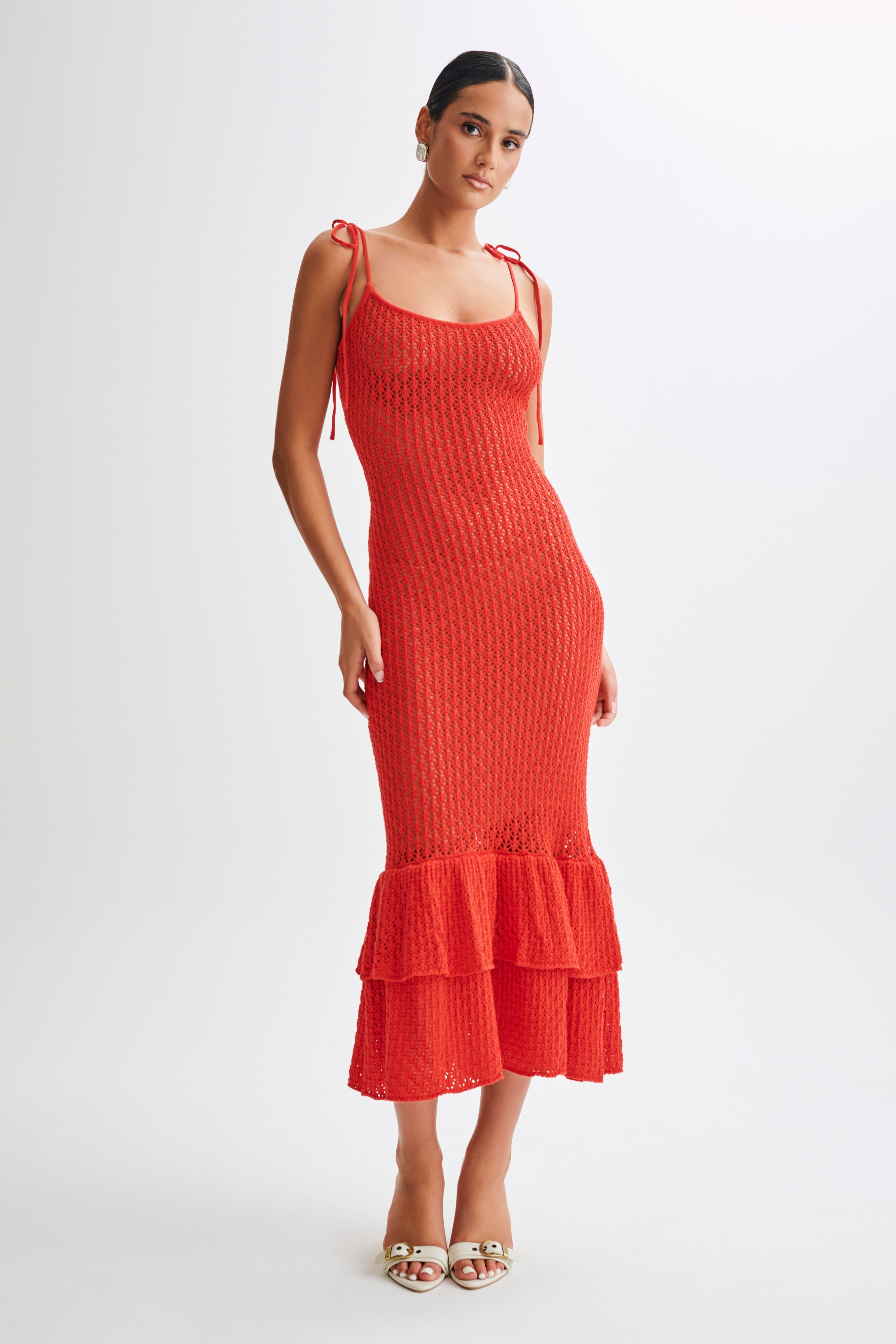 Bianca Knit Midi Dress for Women - Elegant Pomegranate Red Casual Summer Dress for Date Night, Office Wear & Vacation Outfits