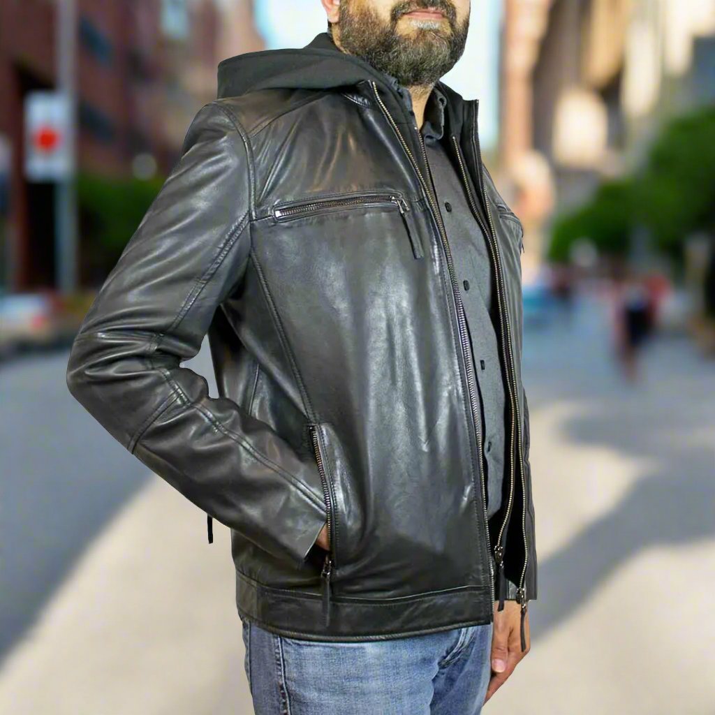 BOL Men's Eduardo Hoodie Leather Jacket - Stylish Faux Leather Zip Up Hoodie for Men | Casual & Streetwear Fashion | Perfect for Everyday Wear, Night Out & Motorcycle Riding