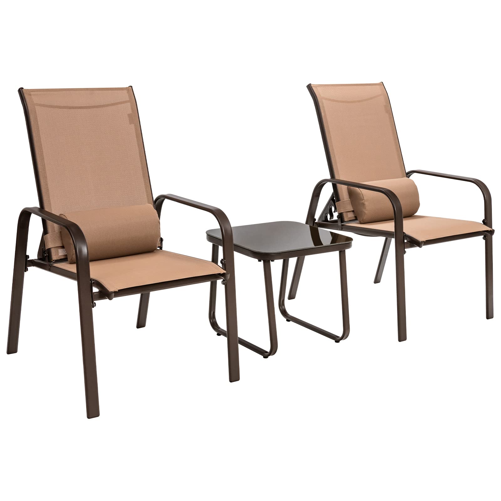 Giantex 3-Piece Outdoor Patio Bistro Set with Tempered Glass Coffee Table & 2 Stackable Chairs - Adjustable Backrest & Headrest - Brown Porch Furniture for Garden, Balcony, and Backyard Relaxation