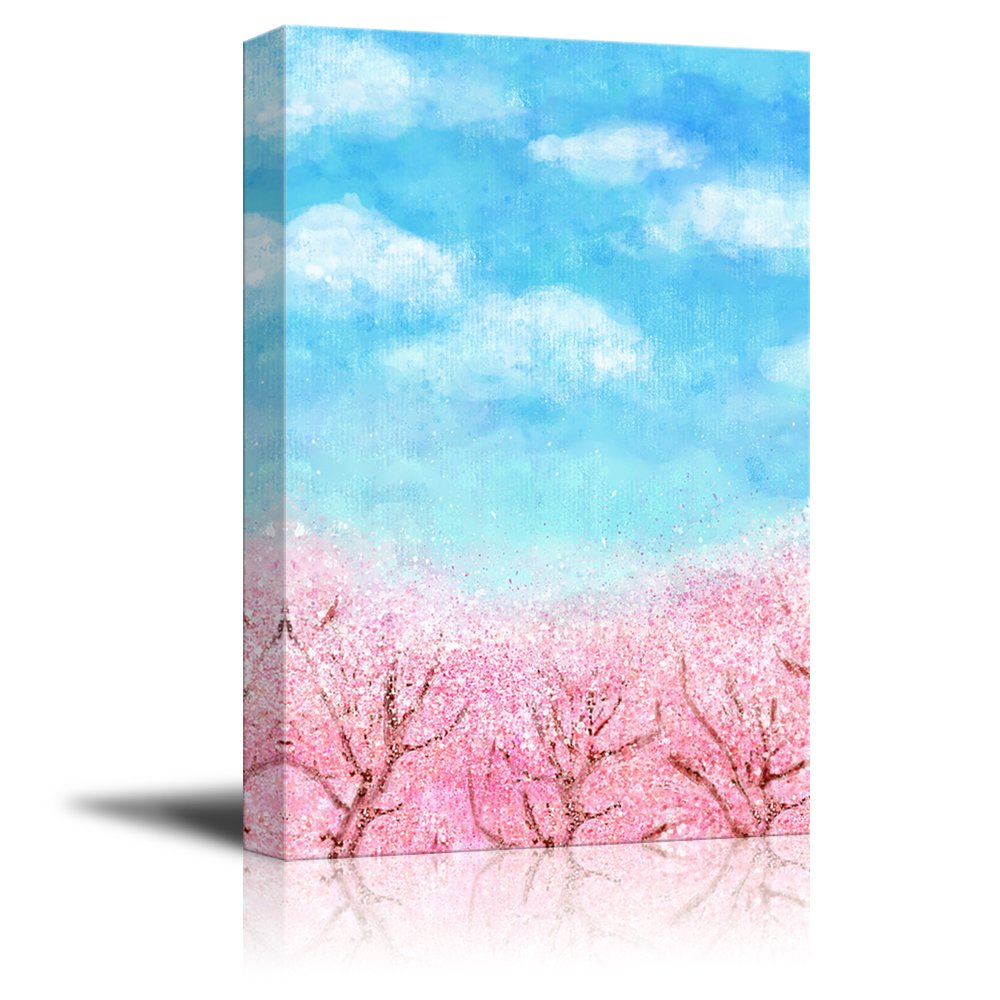 Wall26 Canvas Wall Art - Oil Painting Style Pink Cherry Blossom Under Sunny Blue Sky in Spring - Giclee Print Gallery Wrap Modern Home Decor - Ready to Hang Framed Canvas Painting - 32x48 inches - Perfect for Living Room, Bedroom, Office & Gift