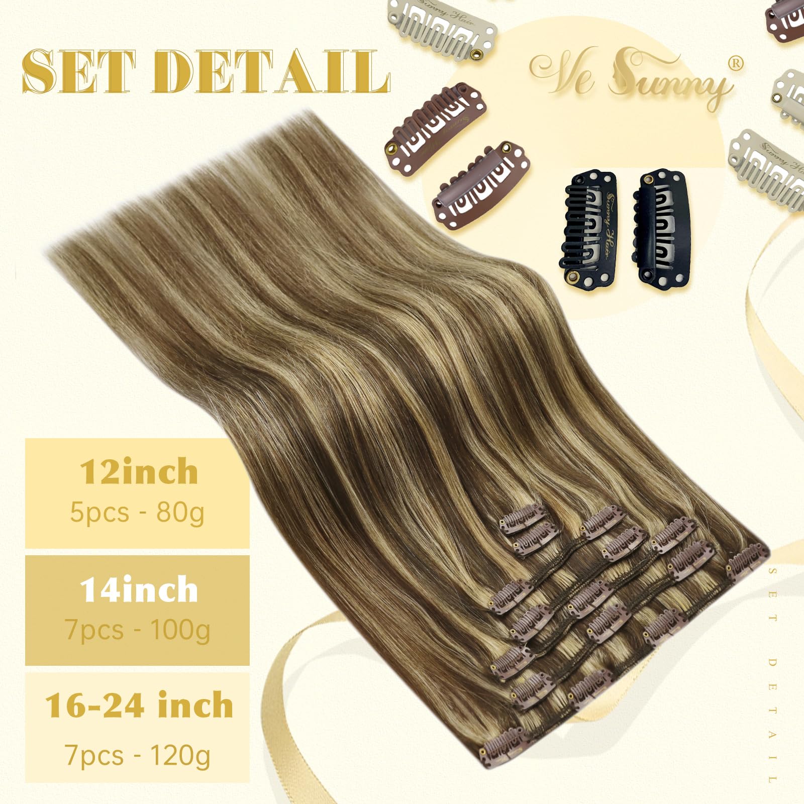 Ve Sunny 18inch Clip-in Human Hair Extensions - 7pcs 120g Dark Brown with Caramel Blonde Highlights | Real Human Hair for Volume & Length | Perfect for Parties, Weddings & Daily Styling