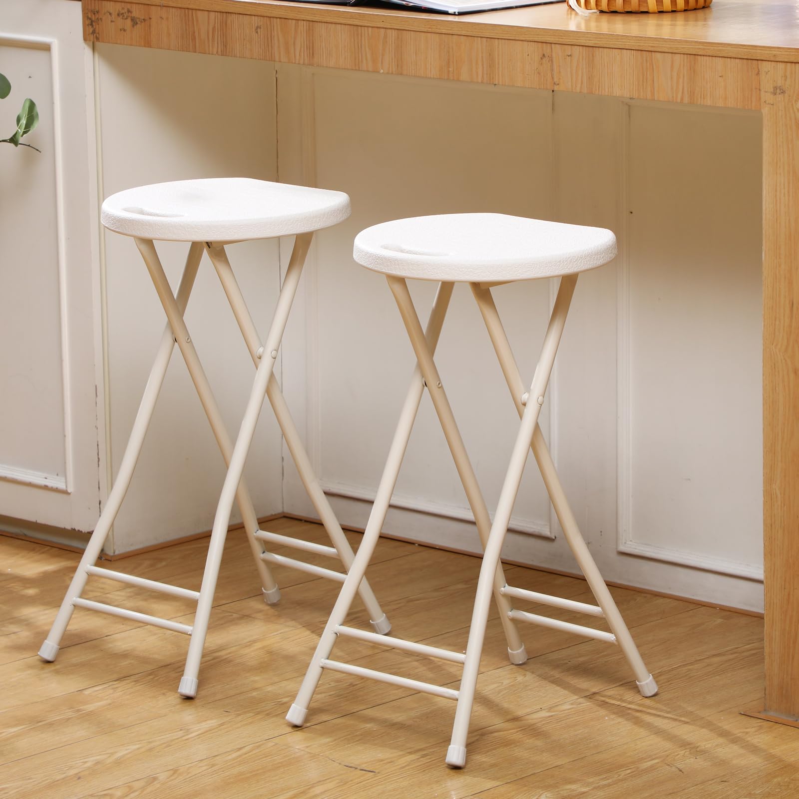 Suzile 2 Pack 24 Inch Folding Stool Chairs - Heavy Duty Portable Plastic Bar Stools with Handle for Adults, 300lbs Capacity - Perfect for Kitchen Counter, Home, Camping, Indoor & Outdoor Use (White)