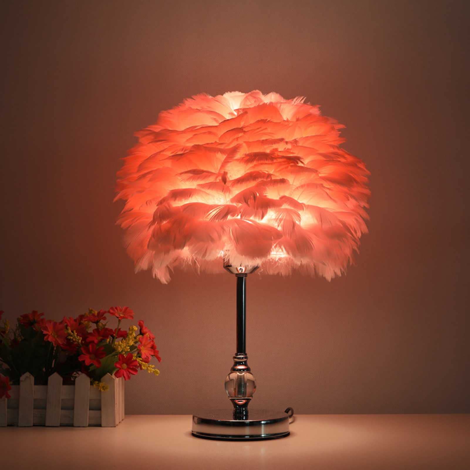 HSART Crystal Feather Table Lamp - Elegant Bedside Nightstand Lamp with Chrome Metal Base & Romantic LED Feather Shade, Perfect for Living Room, Bedroom, Nursery - Soft Pink Ambient Lighting for Relaxation & Decor