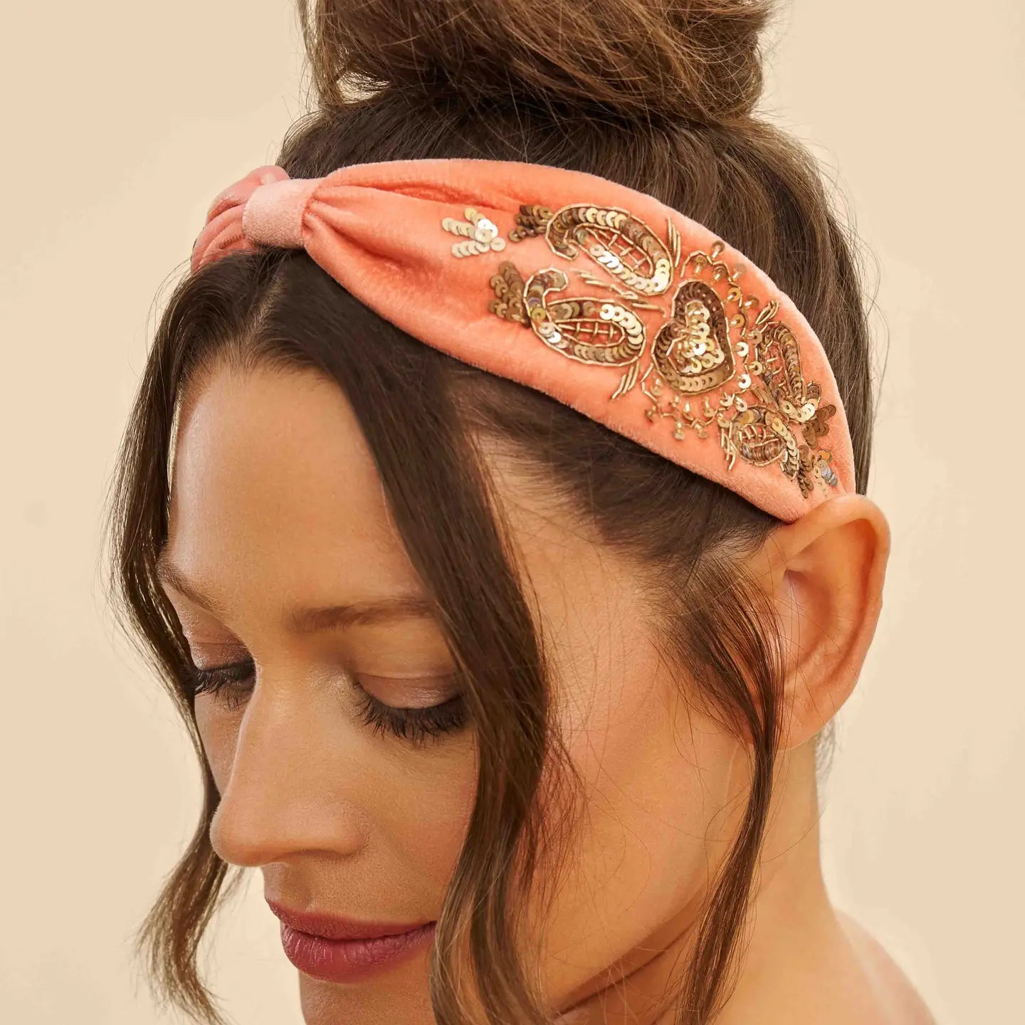 Embellished Velvet Headband with Coral Heart - Elegant Hair Accessory for Women, Girls - Perfect for Weddings, Parties & Everyday Wear