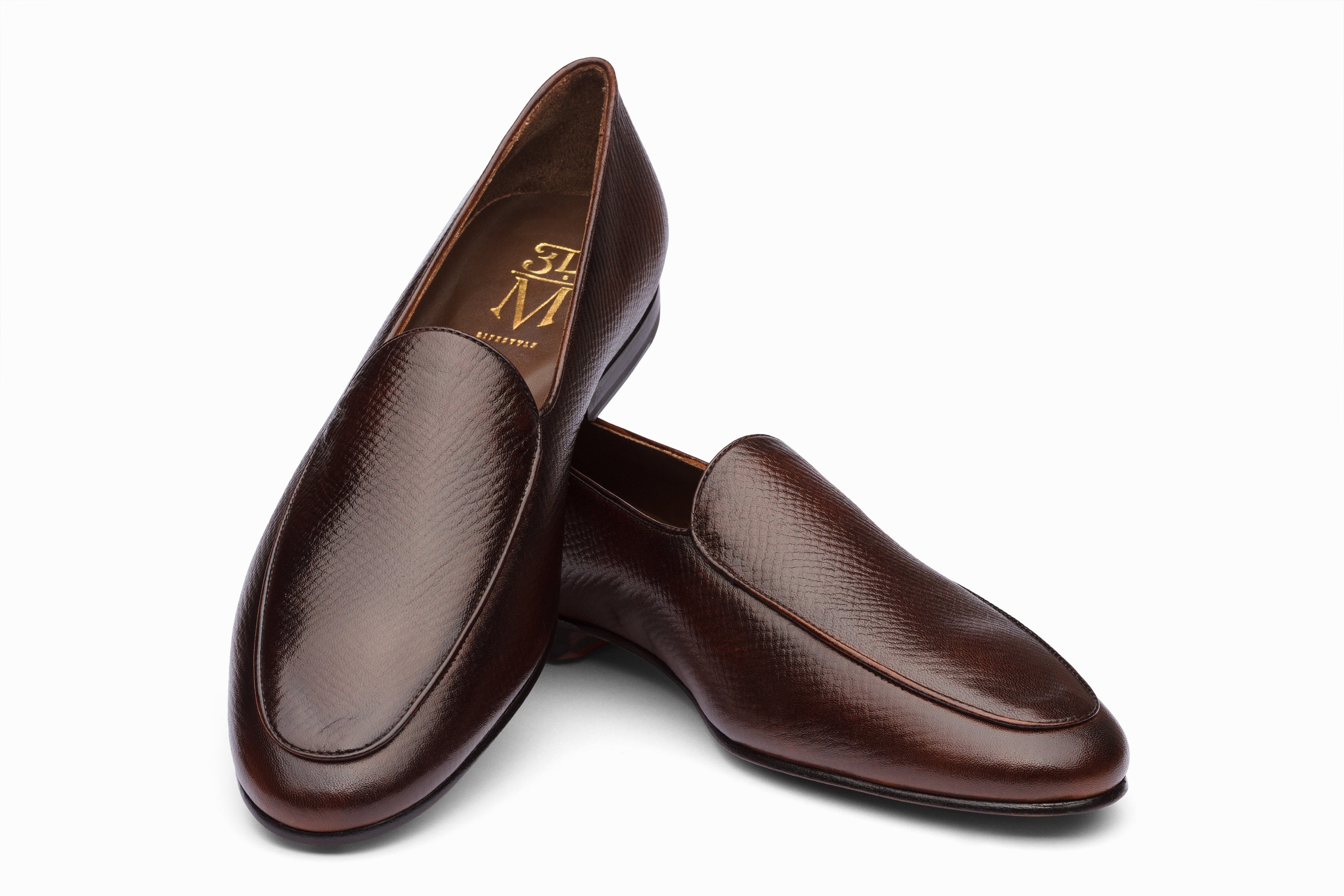 Premium Belgian Loafers for Men - Dark Brown Hatch Grain Leather - Comfortable & Stylish Slip-On Shoes for Business, Office & Casual Wear
