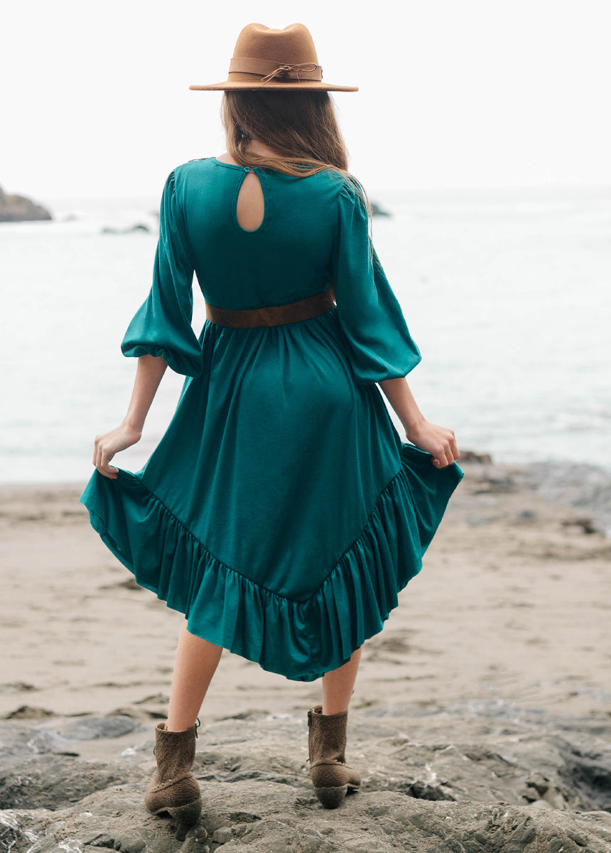 Tatum Teal Dress for Women - Elegant Flowy Midi Dress for Casual Wear, Office, and Special Occasions