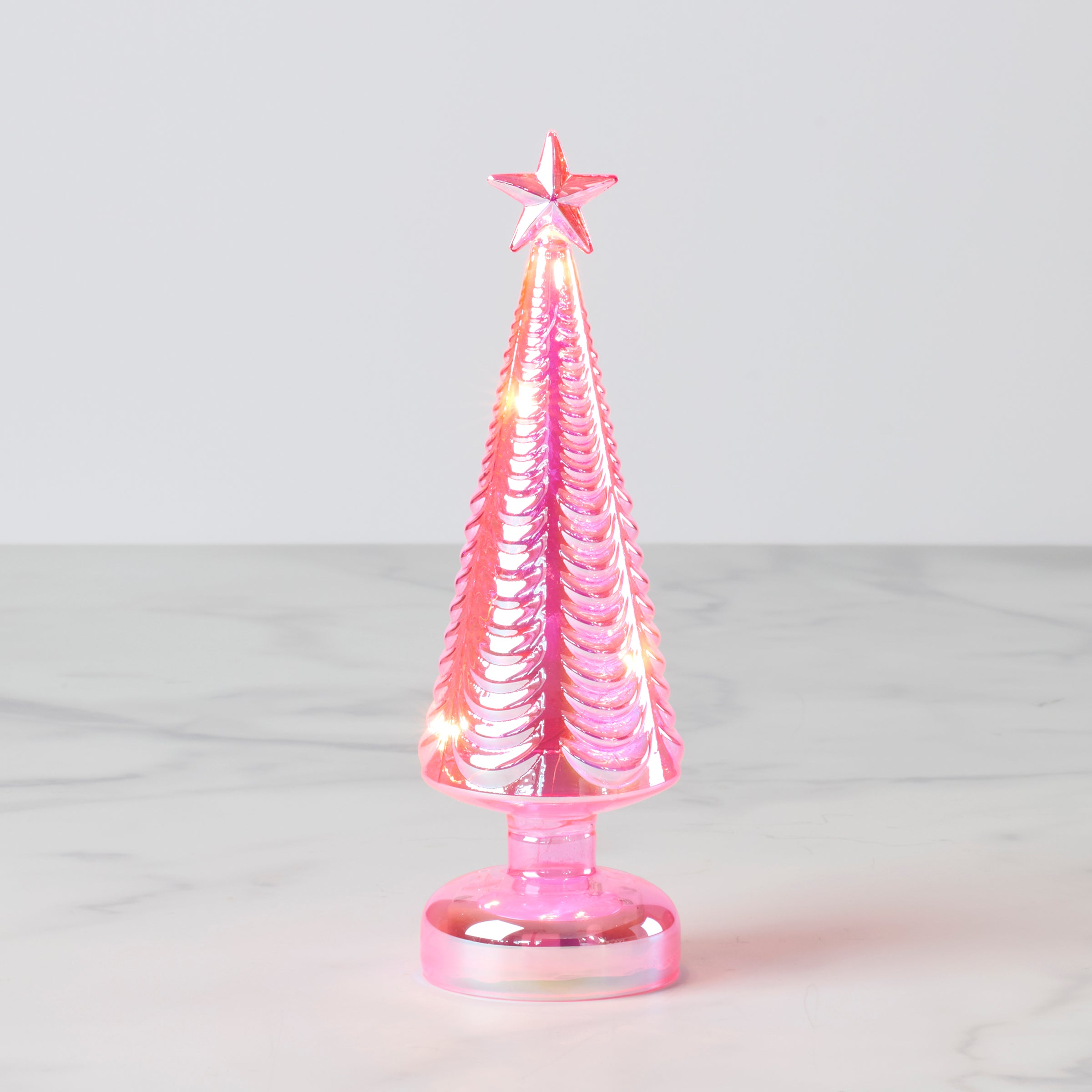 LED Lit Pink Glass Star Topped Holiday Tree - Christmas Decoration for Home, Party & Festive Decor