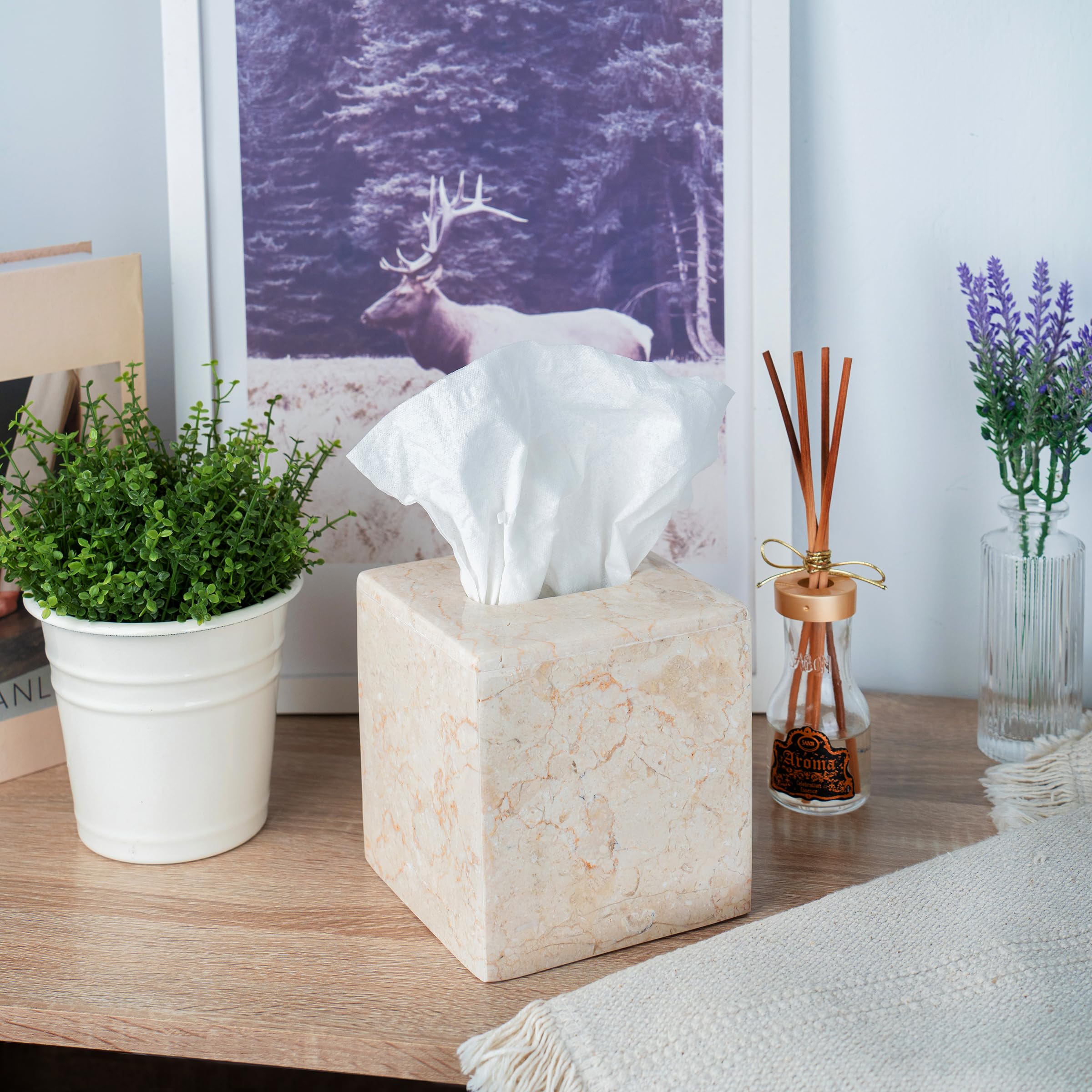 Premium Hand-Carved Natural Marble Tissue Box Cover - Elegant Square Facial Tissue Holder for Bathroom, Bedroom, Living Room & Car - Durable Champagne Beige (5.4” x 5.4” x 5.6”) - Perfect for Home Decor & Luxury Gifts