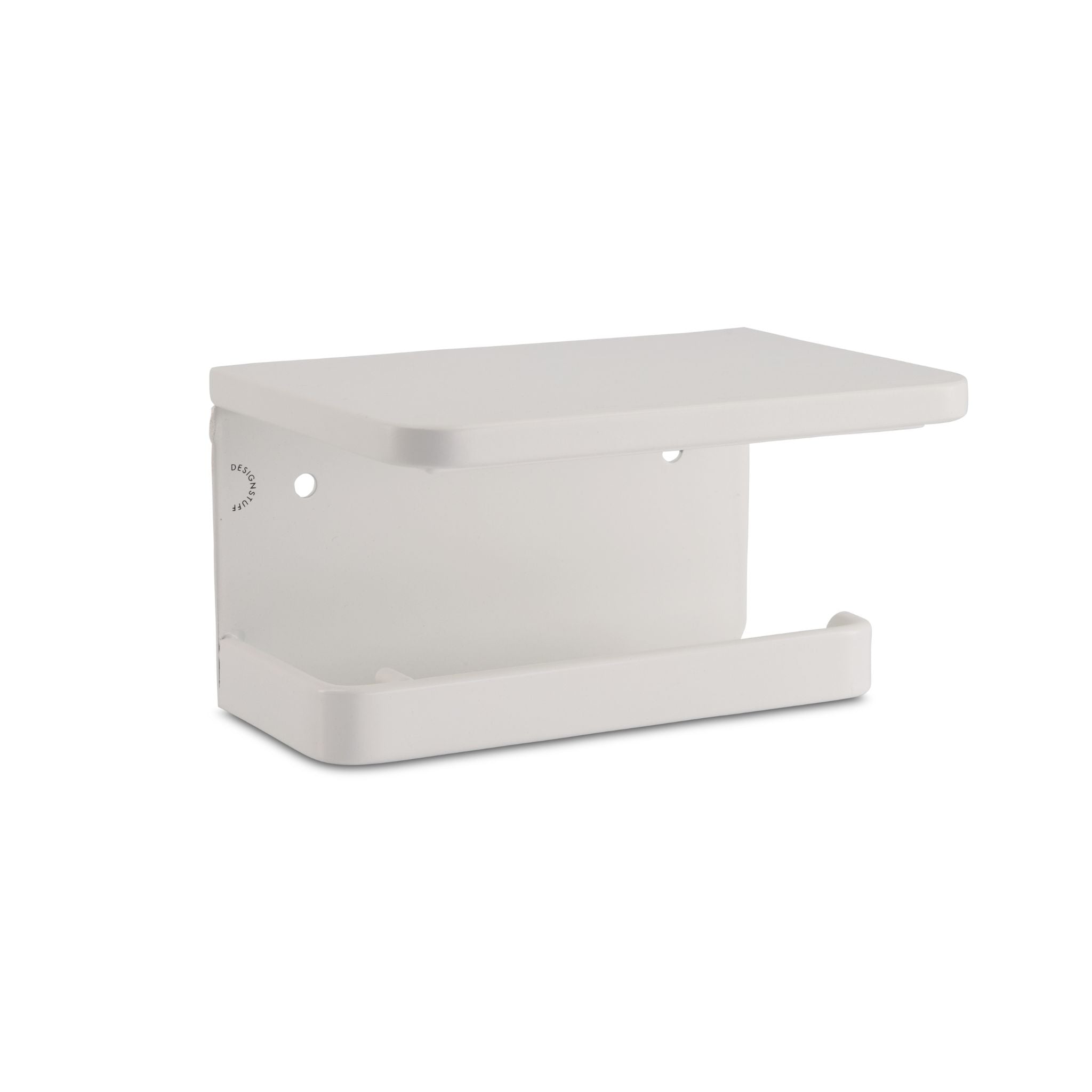 DESIGNSTUFF White Single Toilet Paper Holder with Shelf - Bathroom Storage Organizer for Small Spaces & Modern Decor