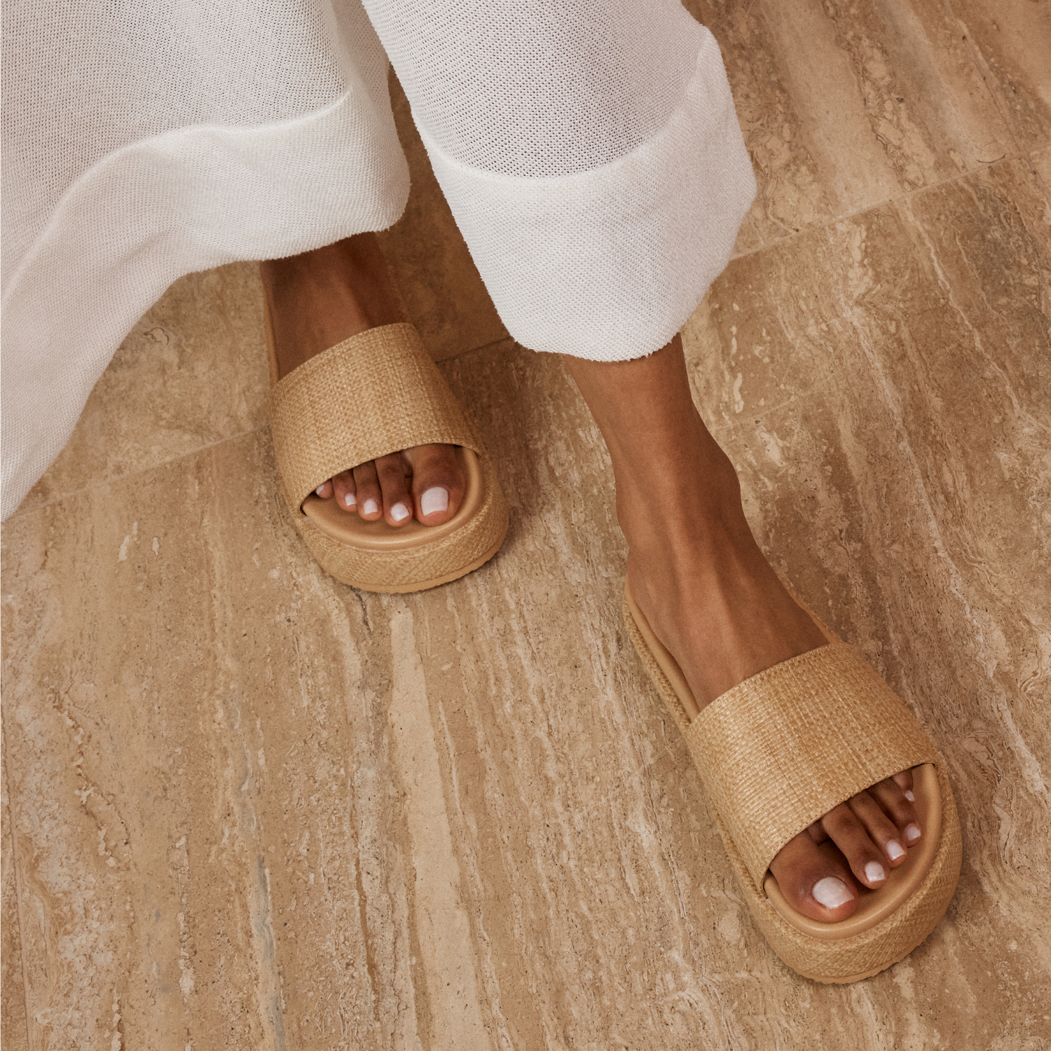 Romy Flatform Slides for Women - Natural Raffia Sandals | Comfortable Summer Beach Slides for Casual Outings and Vacation Wear