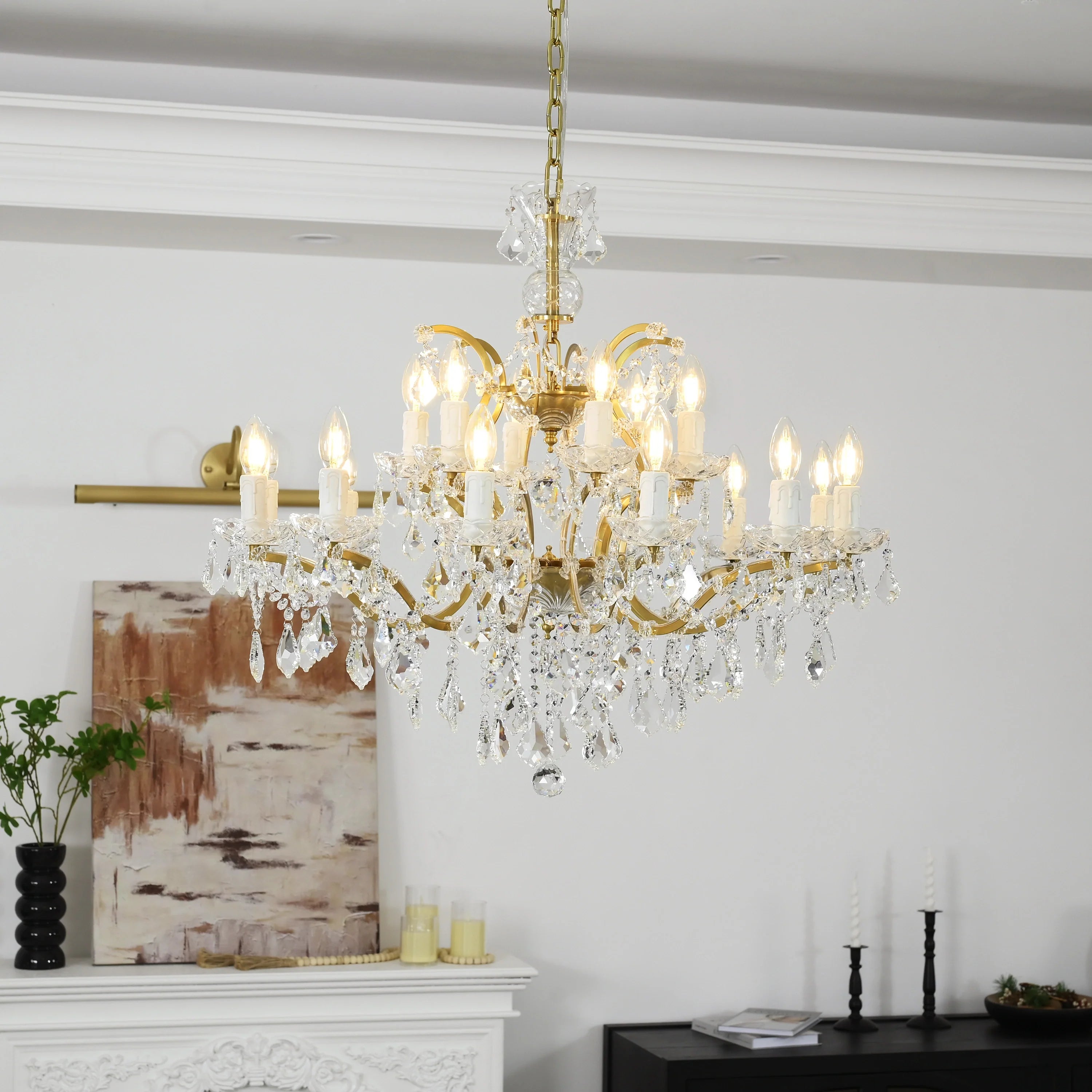 19th Century Rococo Style Iron and Crystal Round Chandelier - 33 Inch Antique Lighting Fixture for Dining Room, Foyer, or Ballroom Decor