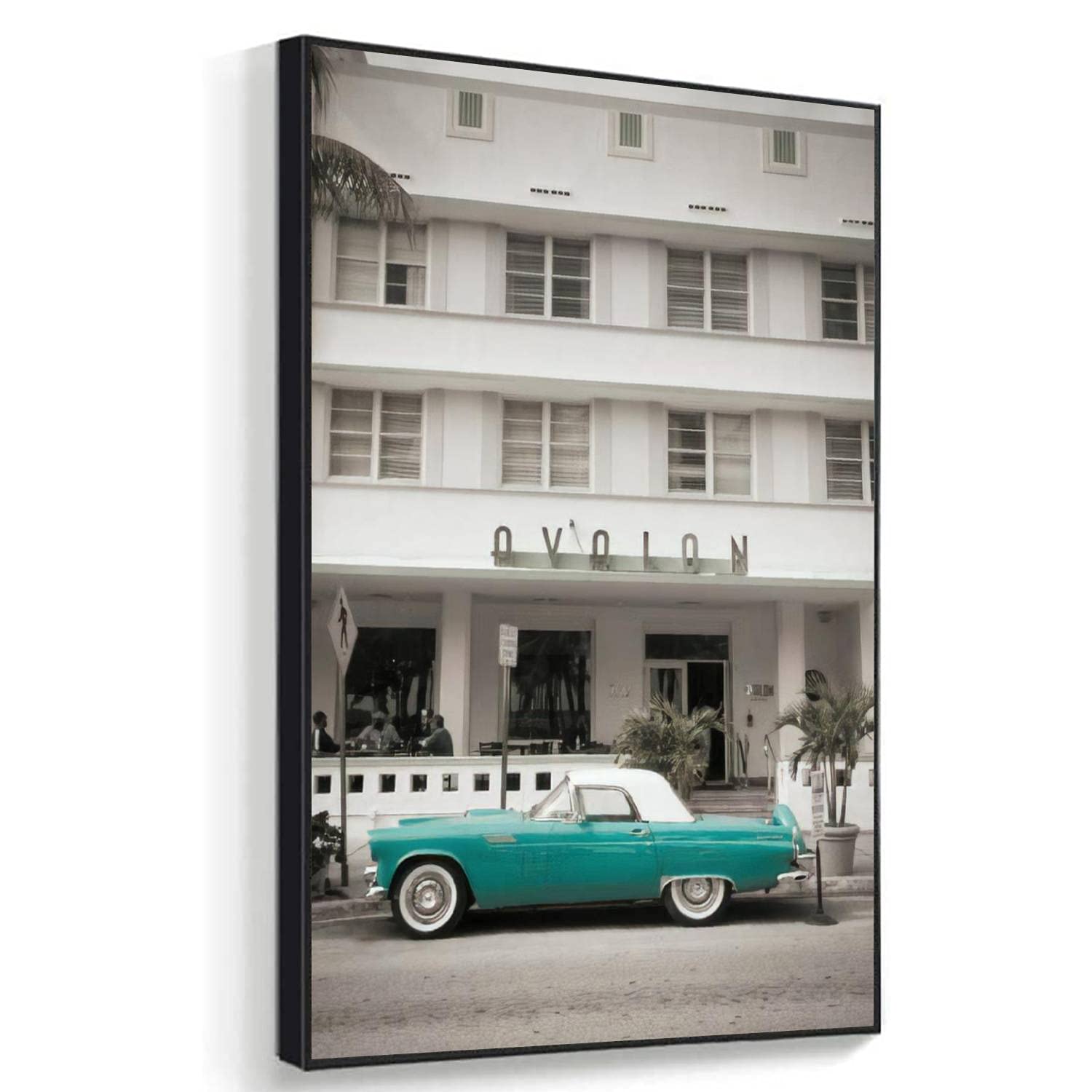 Vintage Art Deco Miami South Beach Ocean Drive Hotels Framed Canvas Wall Art - Large Ready to Hang Painting for Living Room, Bedroom & Office Decor | Perfect for Coastal, Retro & Modern Interior Design