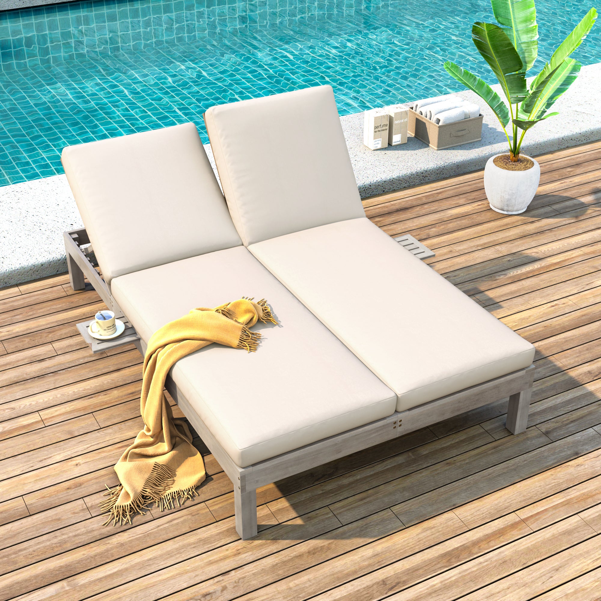 5-Position Adjustable Backrest Outdoor Chaise Lounge Daybed with Cushion & Folding Side Trays - Patio Poolside Garden Furniture for 2 People - Perfect for Sunbathing, Relaxing by the Pool or Backyard Lounging